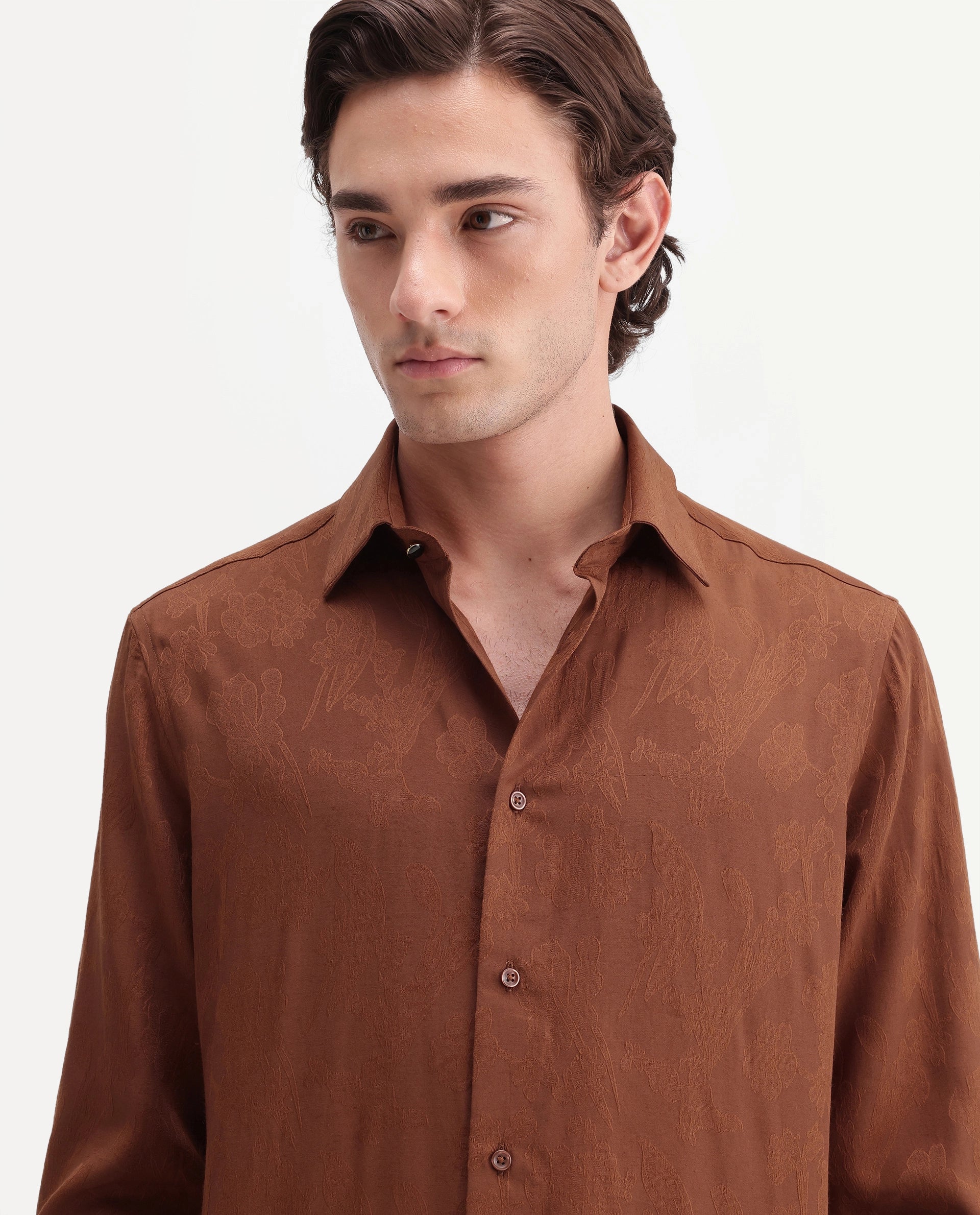 Rare Rabbit Men's Vel Rust Polyester Blend Button Regular Fit Jacquard Shirt