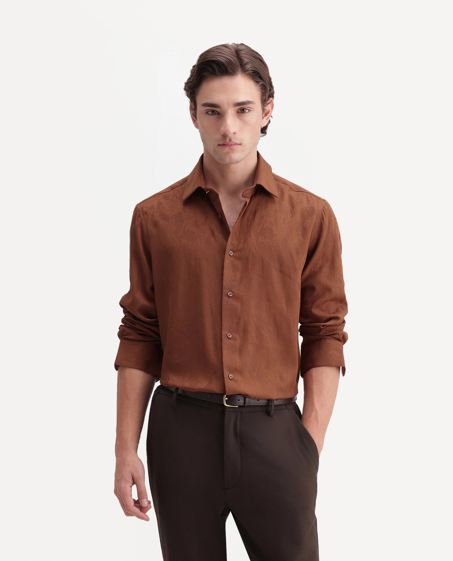 Rare Rabbit Men's Vel Rust Polyester Blend Button Regular Fit Jacquard Shirt