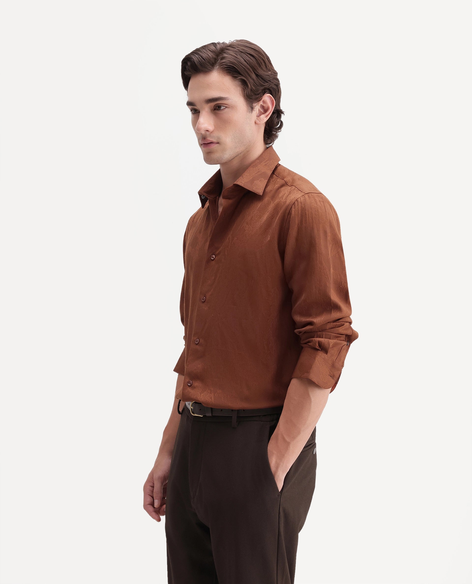 Rare Rabbit Men's Vel Rust Polyester Blend Button Regular Fit Jacquard Shirt