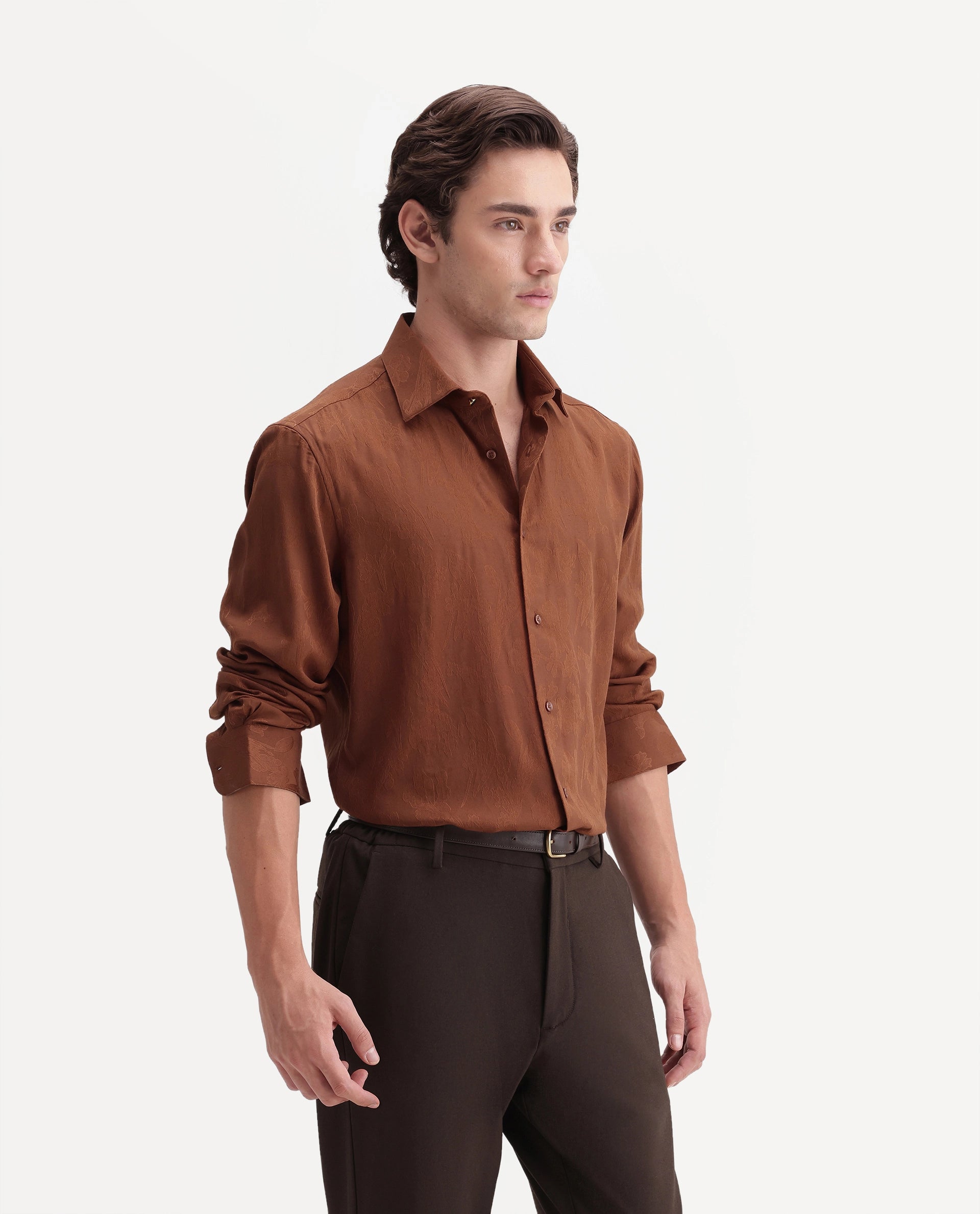 Rare Rabbit Men's Vel Rust Polyester Blend Button Regular Fit Jacquard Shirt