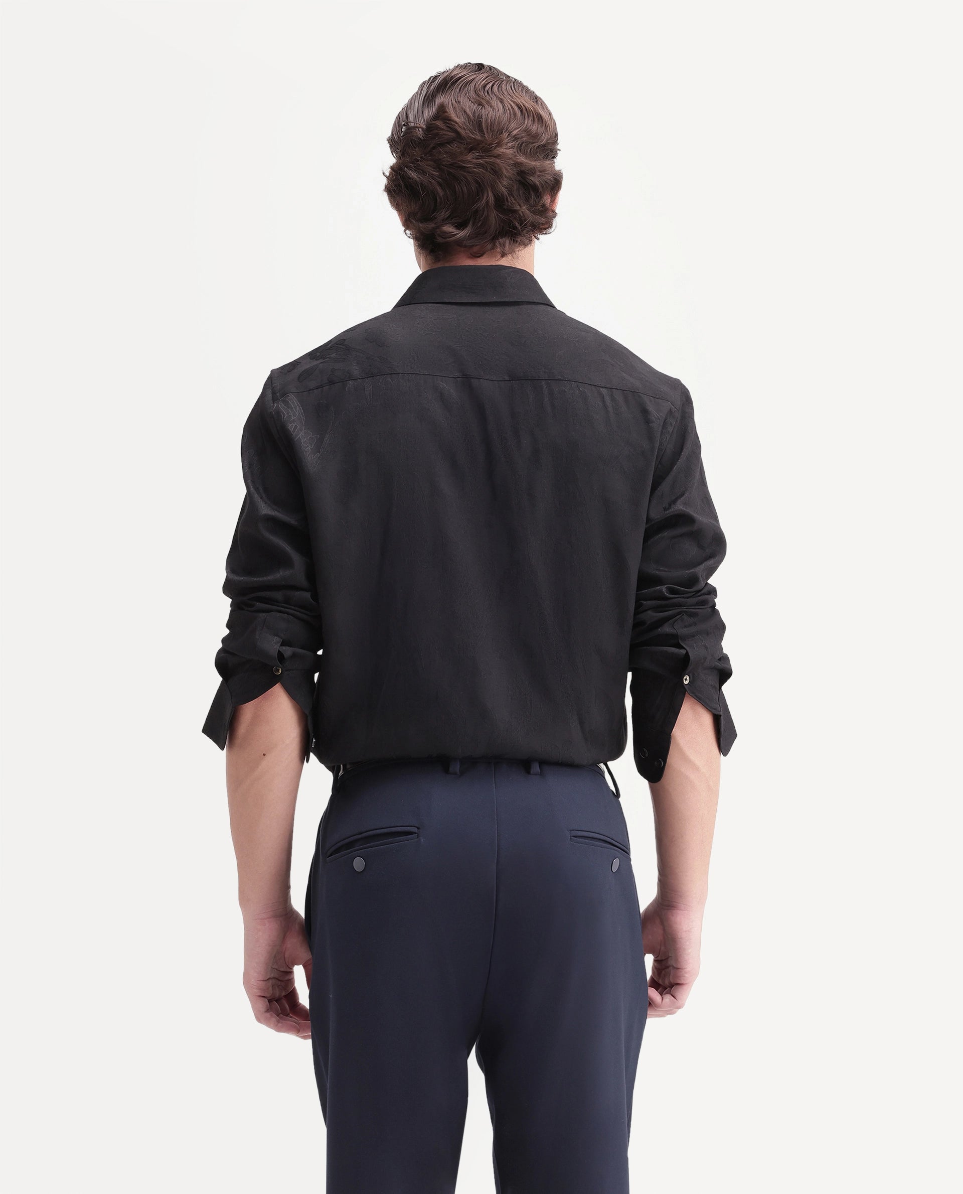 Rare Rabbit Men's Vel Black Polyester Blend Button Regular Fit Jacquard Shirt
