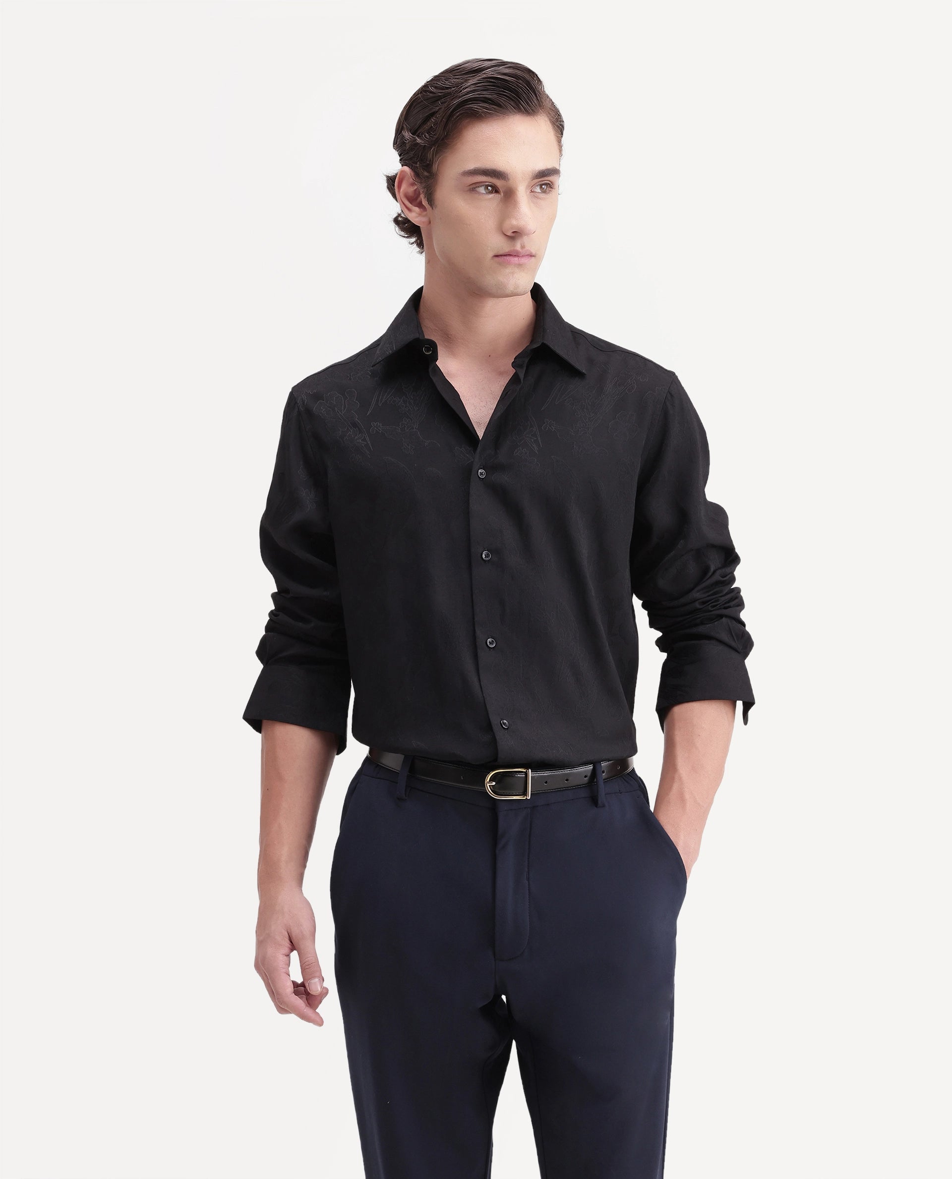 Rare Rabbit Men's Vel Black Polyester Blend Button Regular Fit Jacquard Shirt