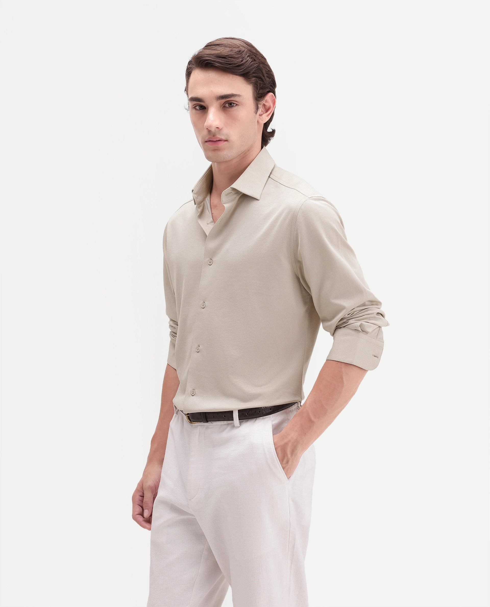 Rare Rabbit Men's Torq Beige Cotton Blend Button Regular Fit Plain Shirt