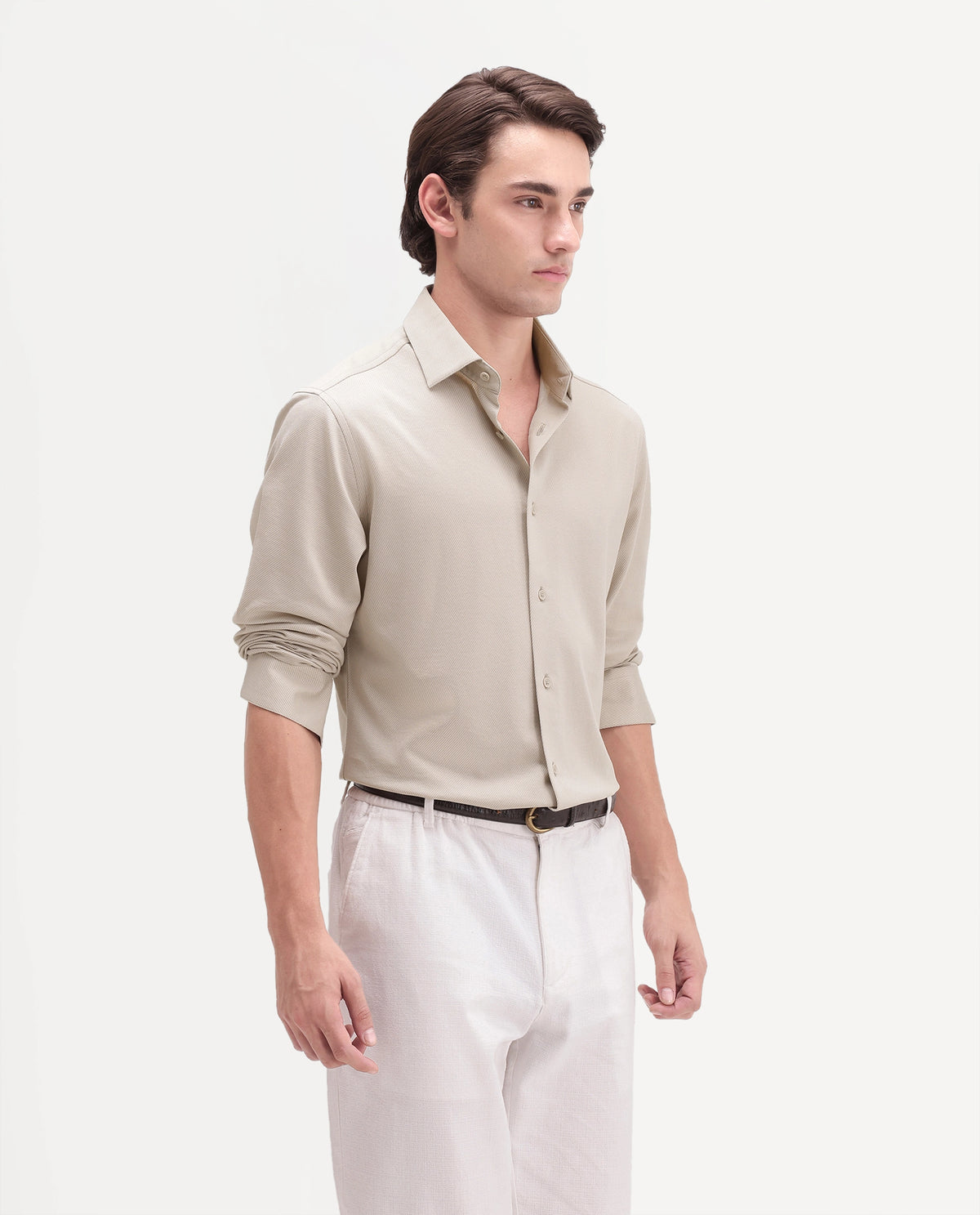 Rare Rabbit Men's Torq Beige Cotton Blend Button Regular Fit Plain Shirt