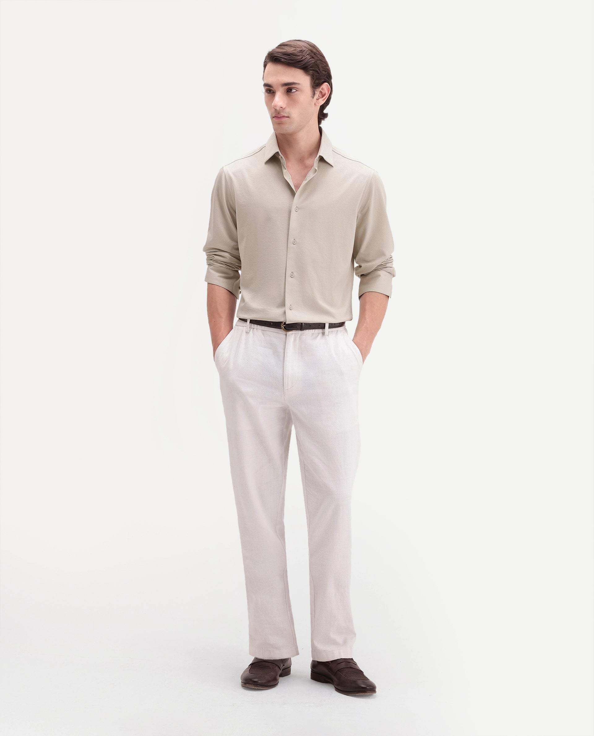 Rare Rabbit Men's Torq Beige Cotton Blend Button Regular Fit Plain Shirt