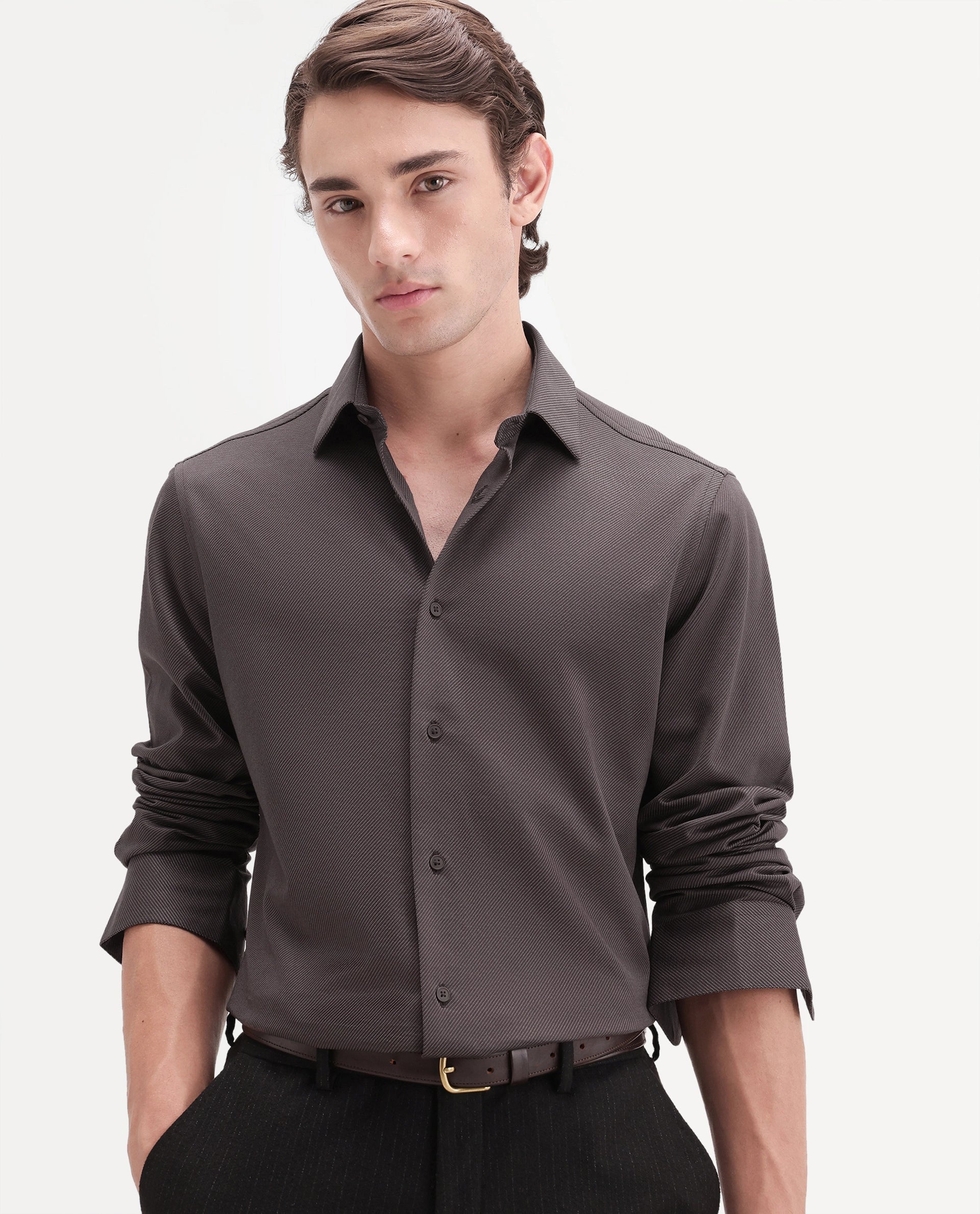 Rare Rabbit Men's Torq Brown Cotton Blend Button Regular Fit Plain Shirt