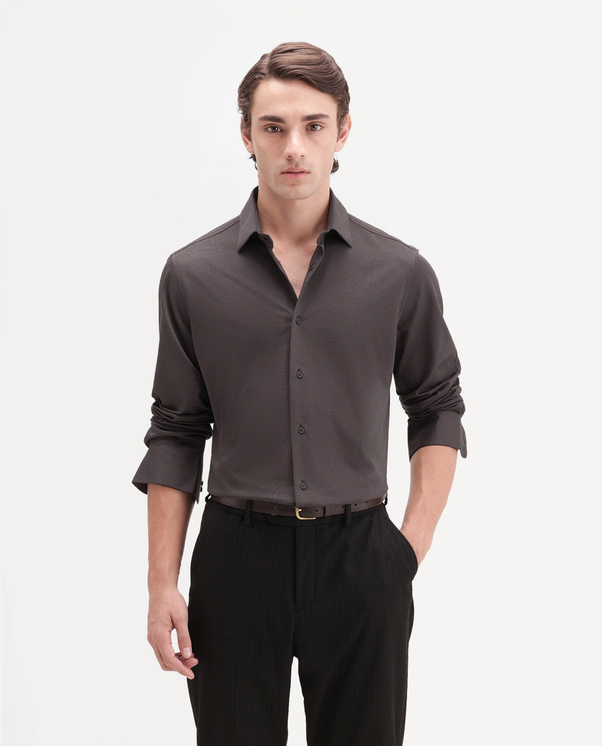 Rare Rabbit Men's Torq Brown Cotton Blend Button Regular Fit Plain Shirt