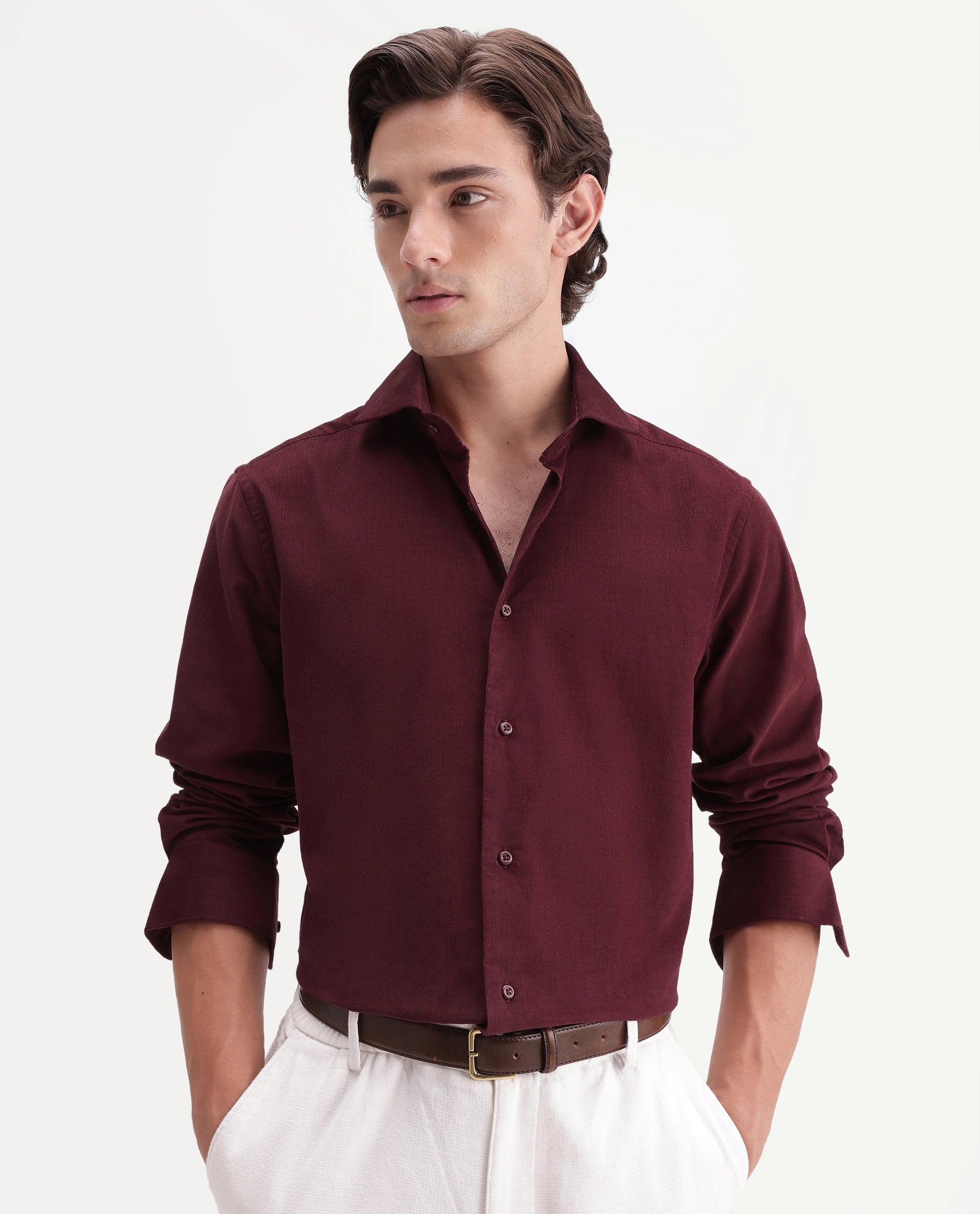 Rare Rabbit Men's Sey Dark Red Cotton Button Regular Fit Plain Shirt
