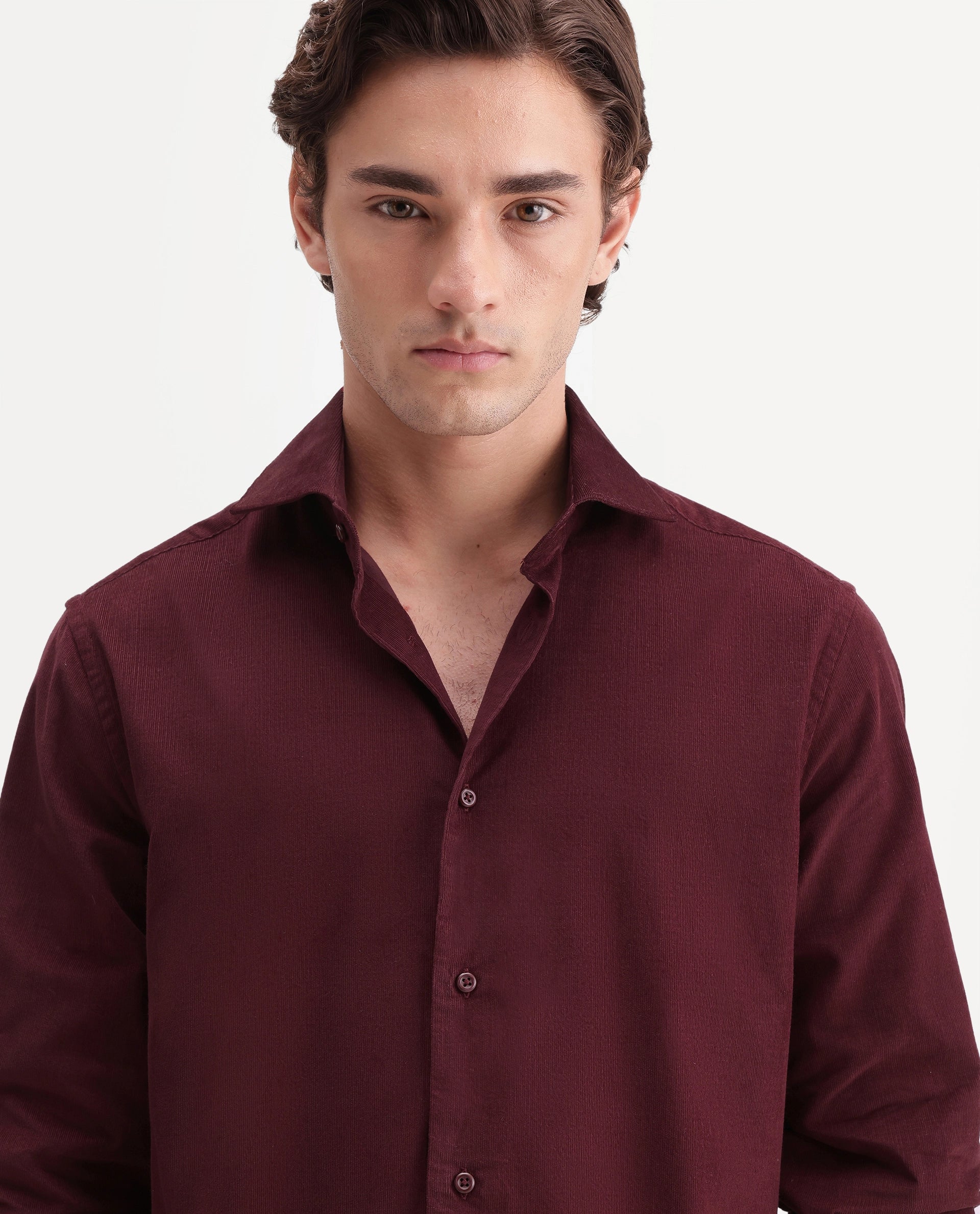 Rare Rabbit Men's Sey Dark Red Cotton Button Regular Fit Plain Shirt