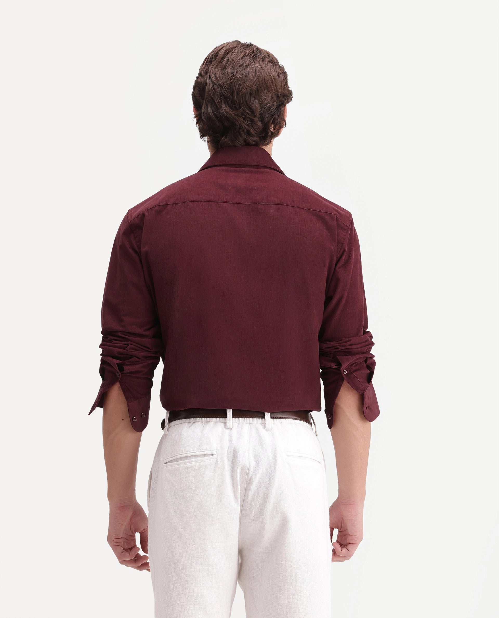 Rare Rabbit Men's Sey Dark Red Cotton Button Regular Fit Plain Shirt