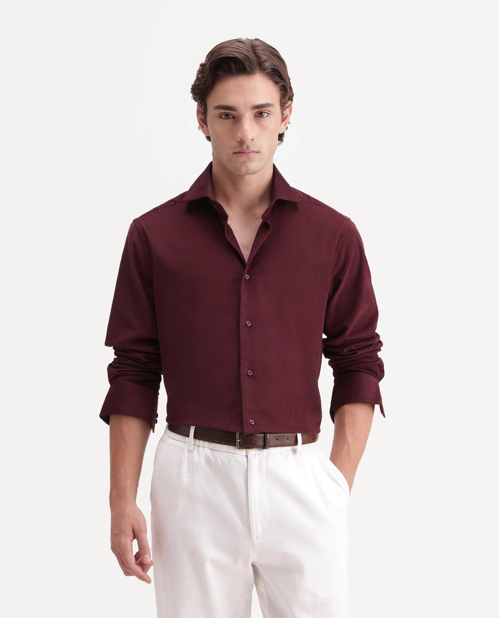 Rare Rabbit Men's Sey Dark Red Cotton Button Regular Fit Plain Shirt