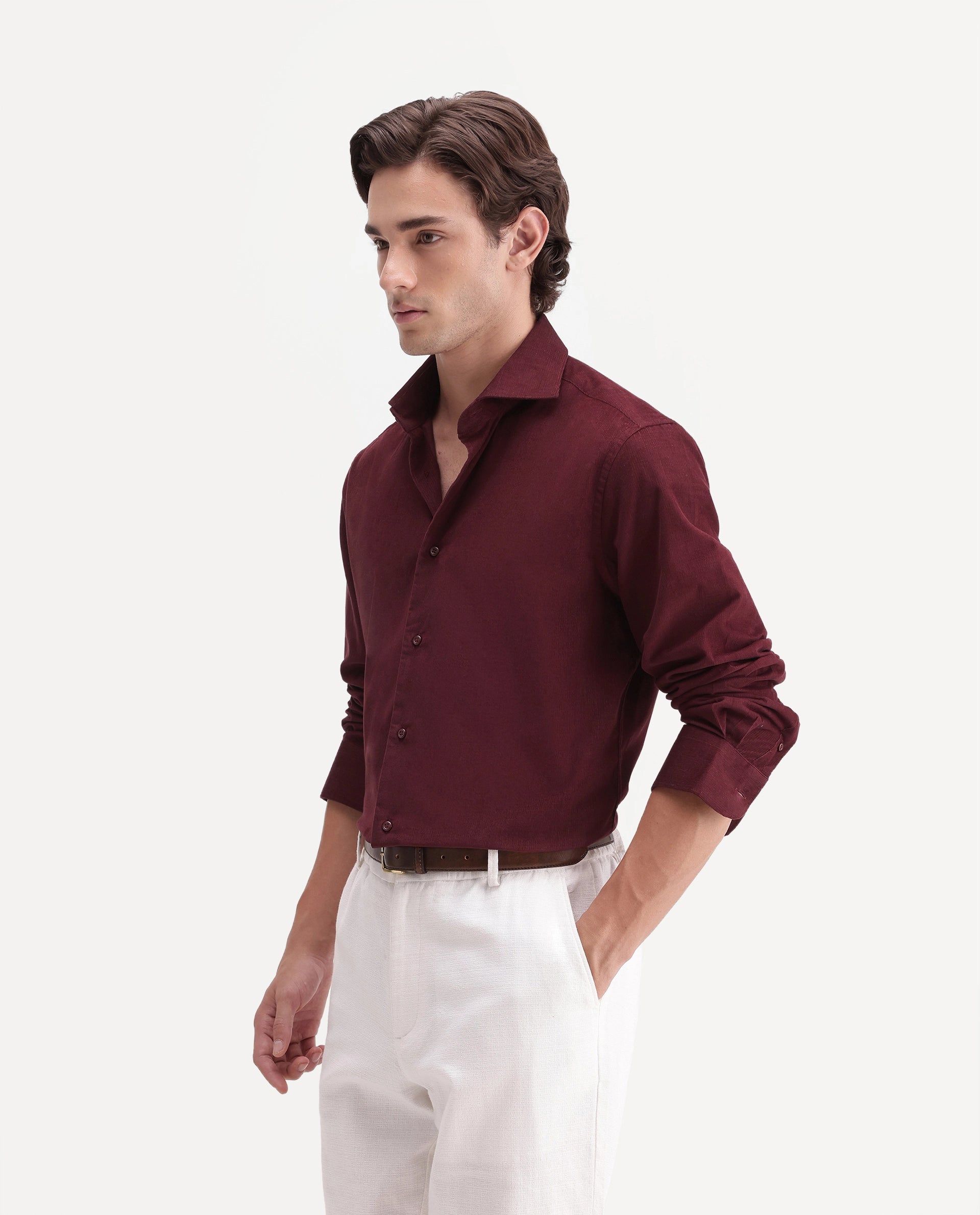 Rare Rabbit Men's Sey Dark Red Cotton Button Regular Fit Plain Shirt
