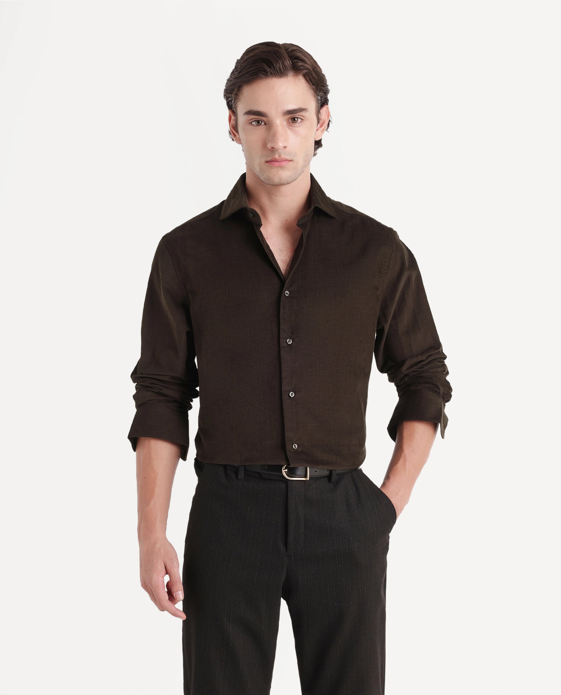 Rare Rabbit Men's Sey Dark Olive Cotton Button Regular Fit Plain Shirt