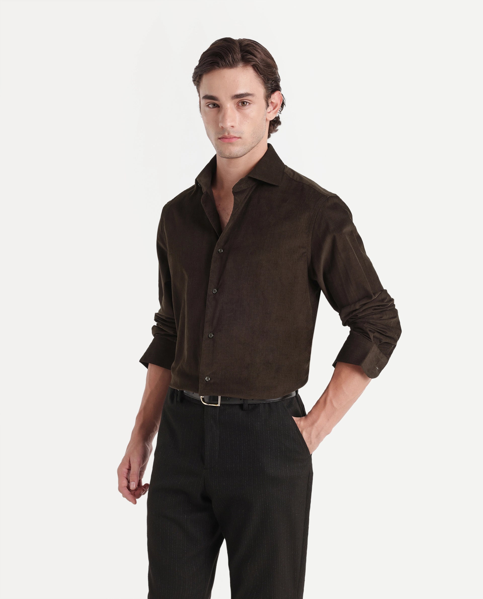 Rare Rabbit Men's Sey Dark Olive Cotton Button Regular Fit Plain Shirt