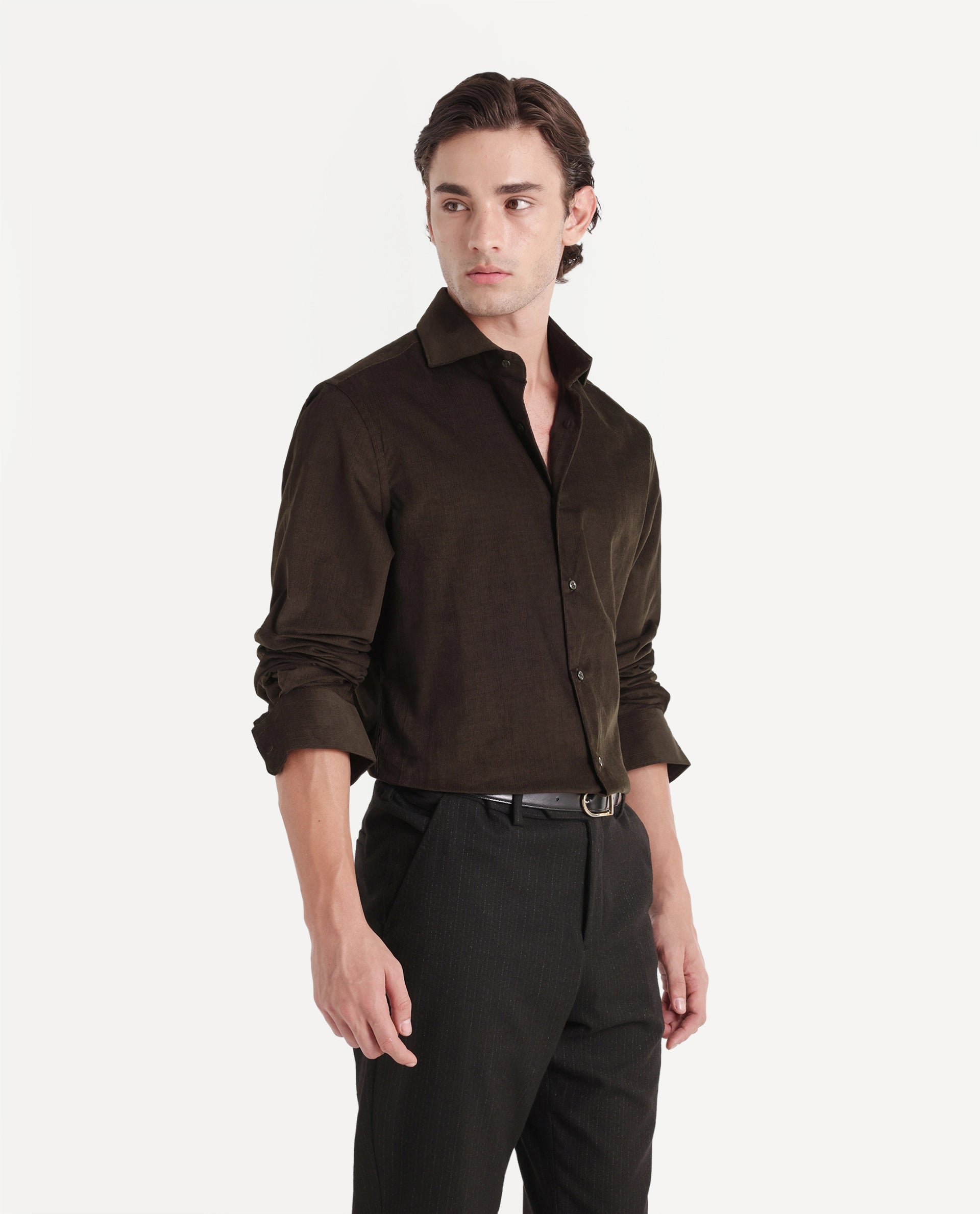 Rare Rabbit Men's Sey Dark Olive Cotton Button Regular Fit Plain Shirt