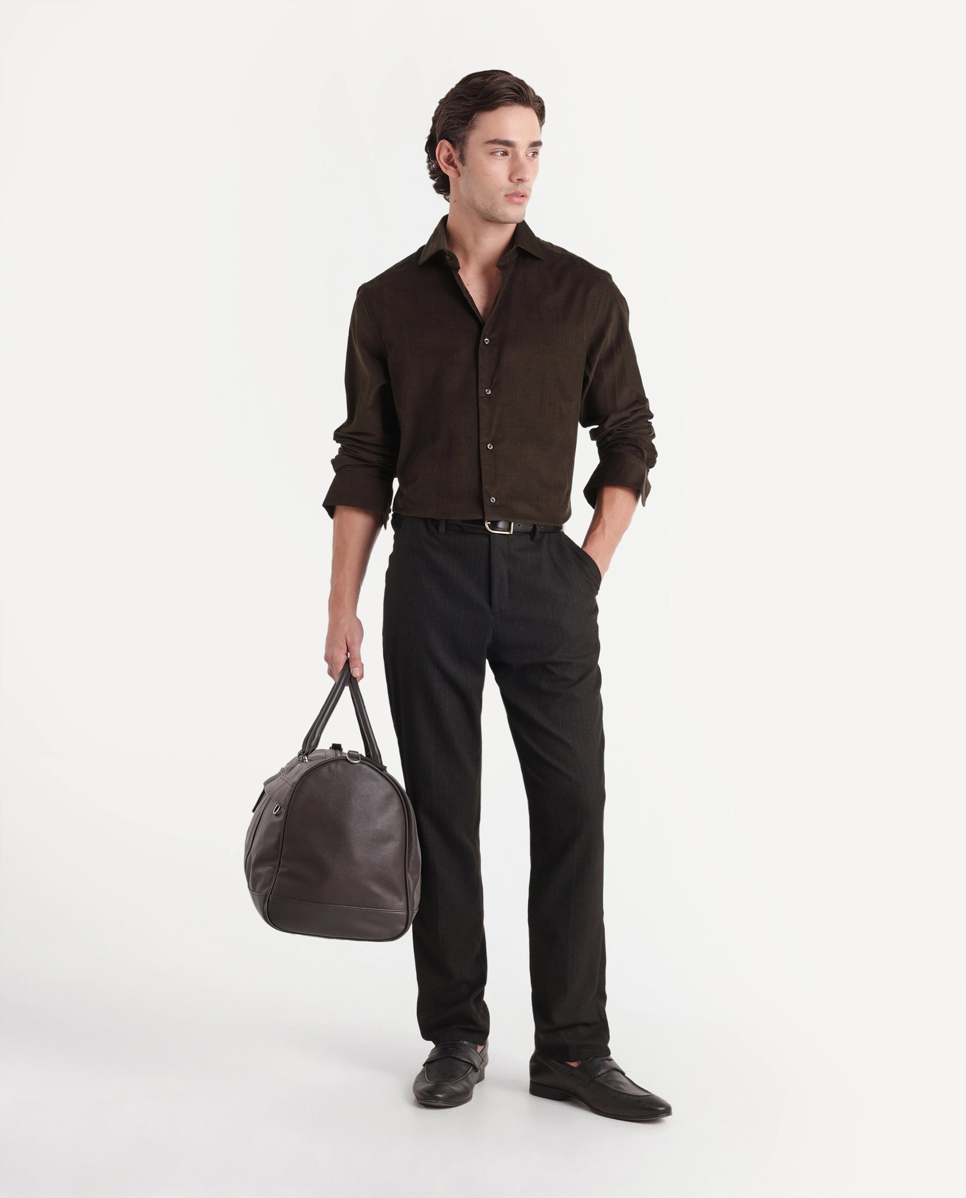 Rare Rabbit Men's Sey Dark Olive Cotton Button Regular Fit Plain Shirt