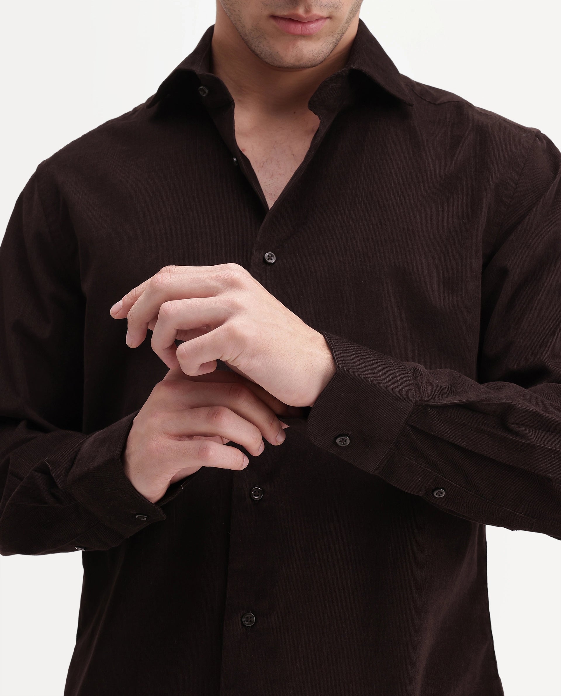 Rare Rabbit Men's Sey Dark Brown Cotton Button Regular Fit Plain Shirt