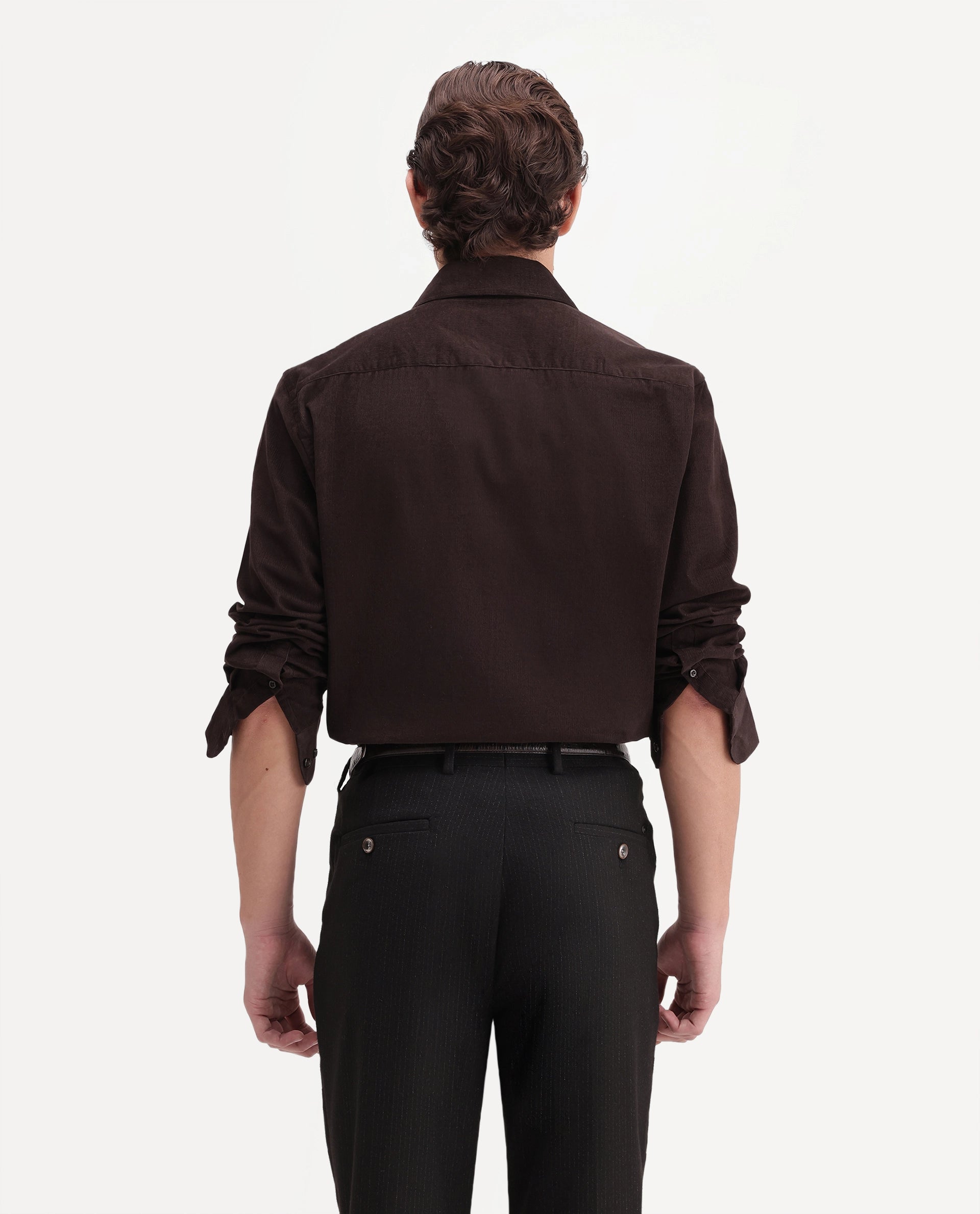Rare Rabbit Men's Sey Dark Brown Cotton Button Regular Fit Plain Shirt