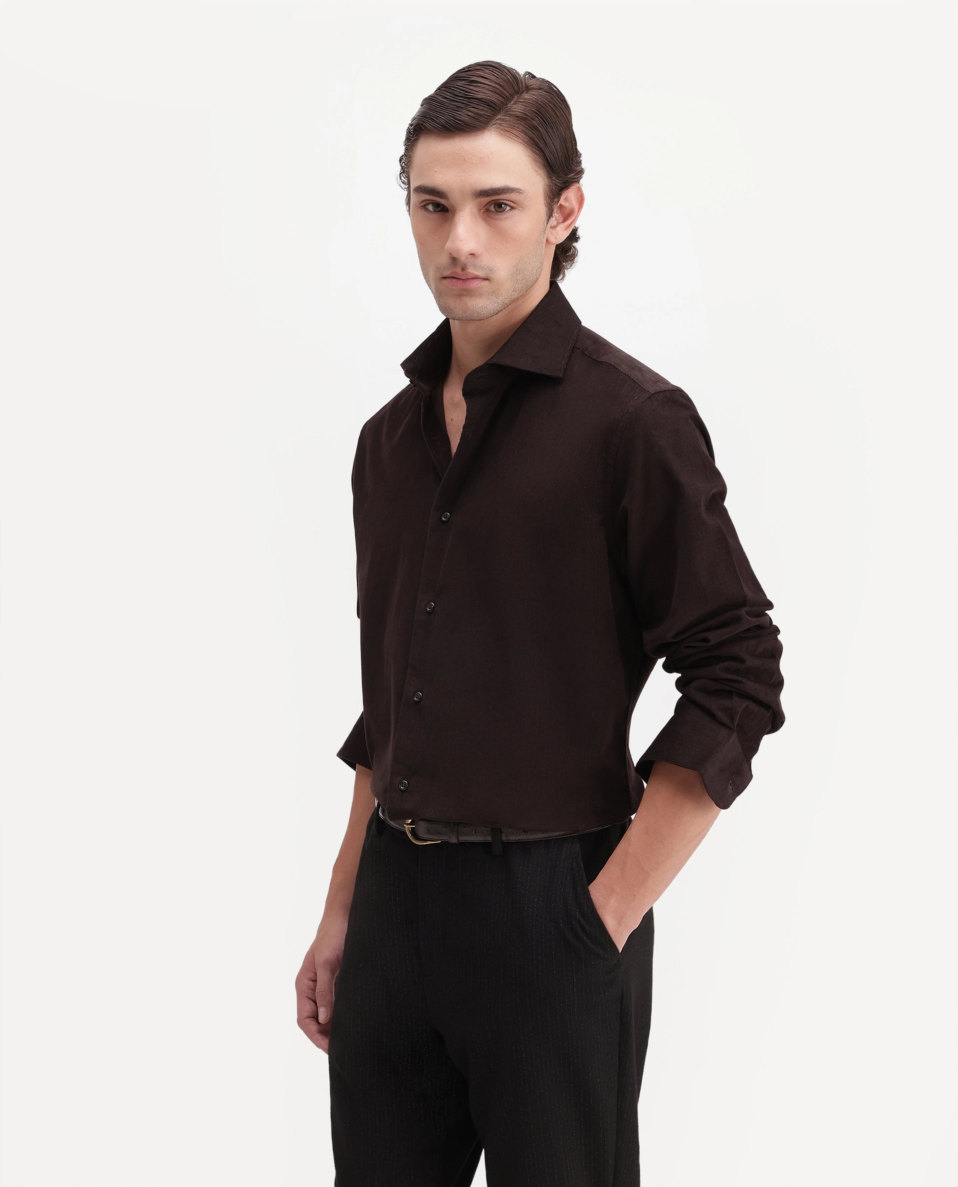 Rare Rabbit Men's Sey Dark Brown Cotton Button Regular Fit Plain Shirt