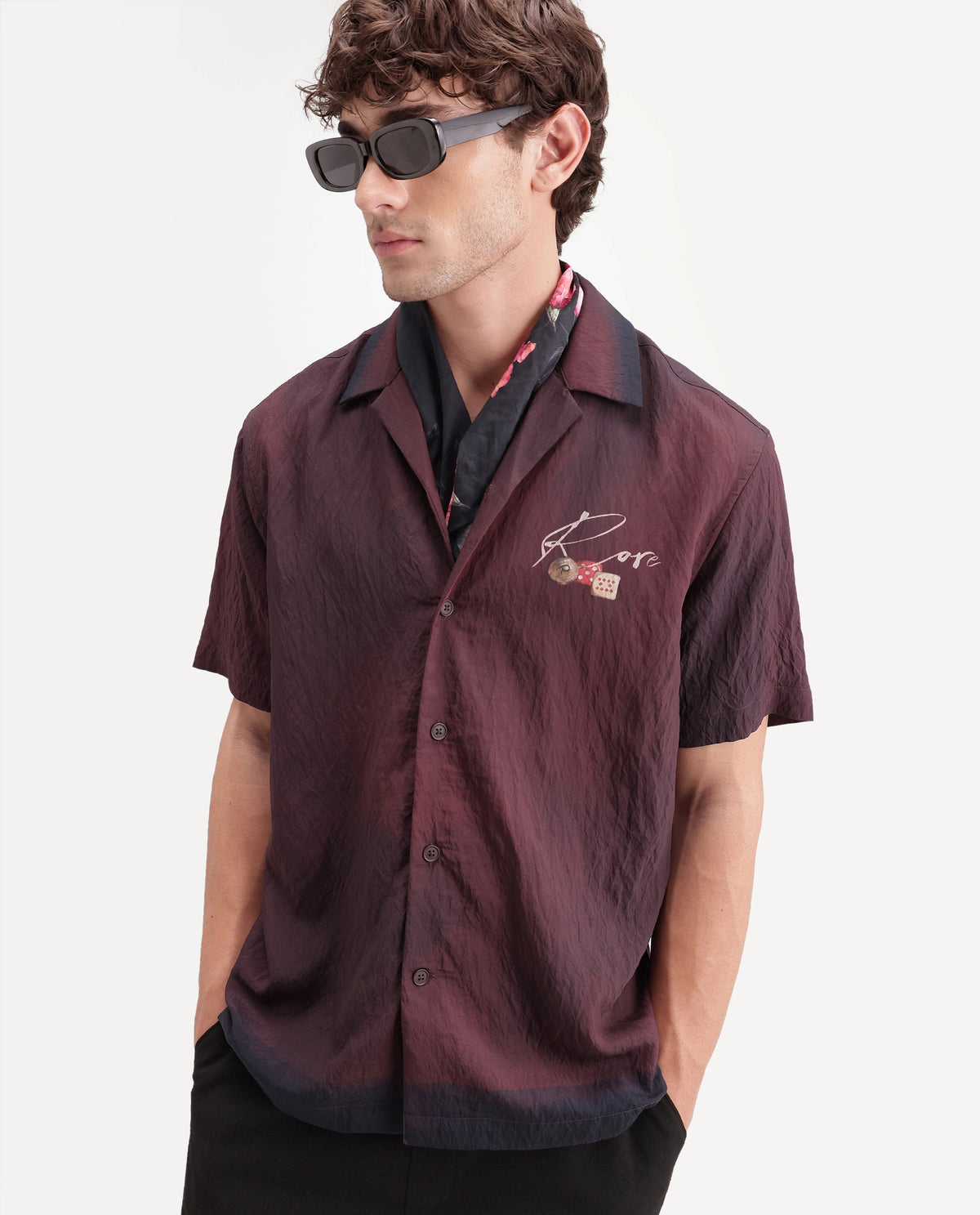 Rare Rabbit Men's Bruno Maroon Viscose Blend Button Relaxed Fit Digital Print Shirt