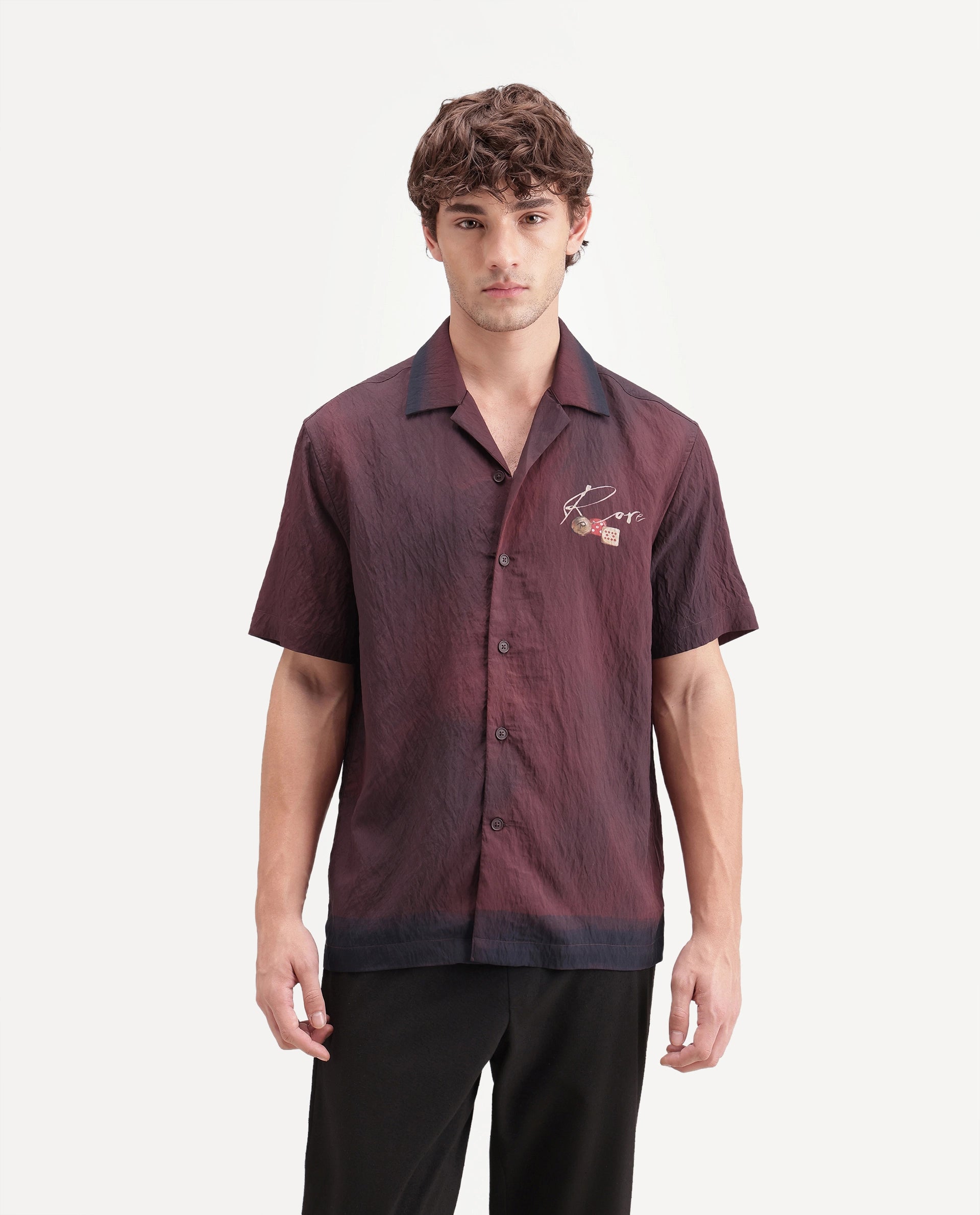 Rare Rabbit Men's Bruno Maroon Viscose Blend Button Relaxed Fit Digital Print Shirt
