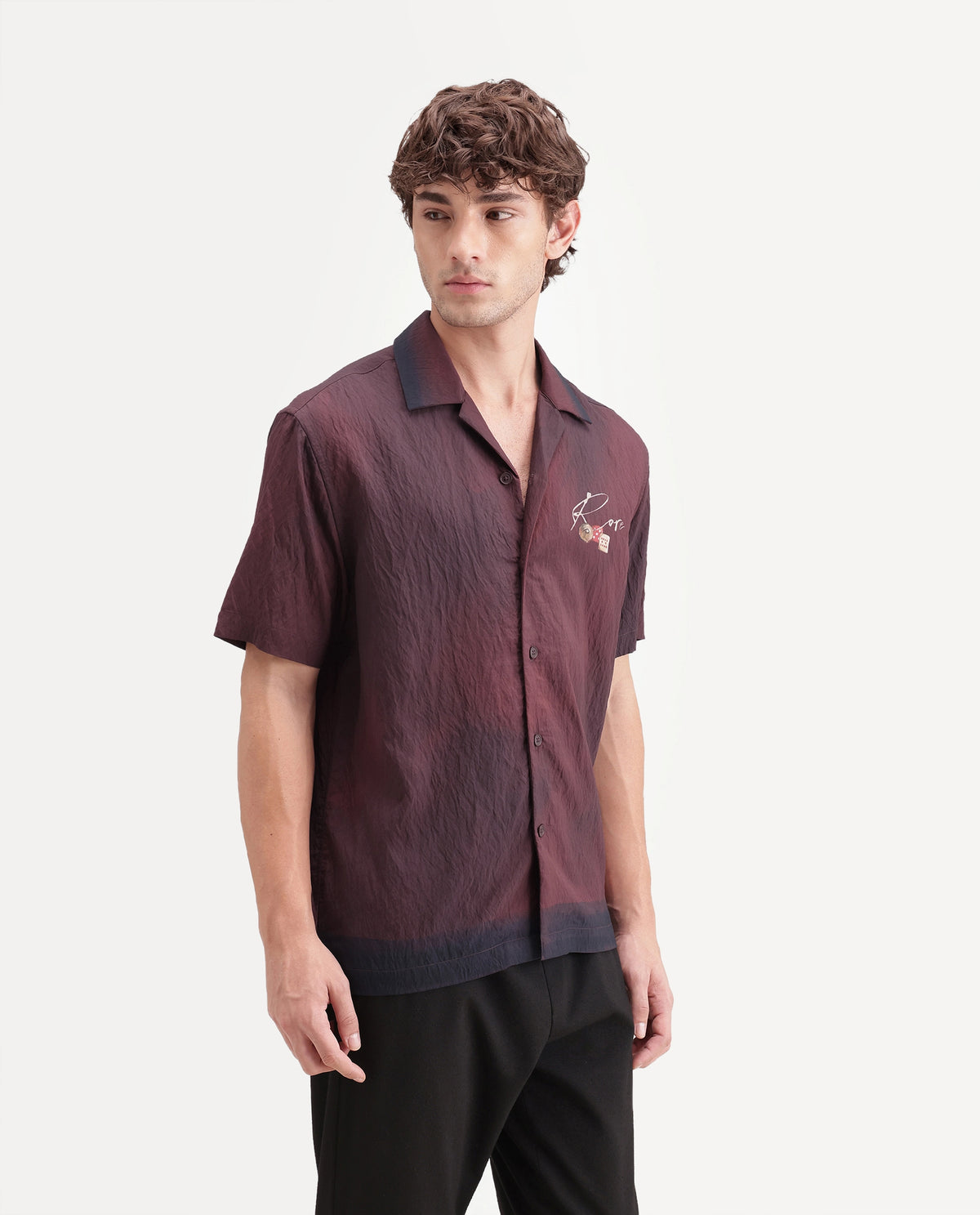 Rare Rabbit Men's Bruno Maroon Viscose Blend Button Relaxed Fit Digital Print Shirt