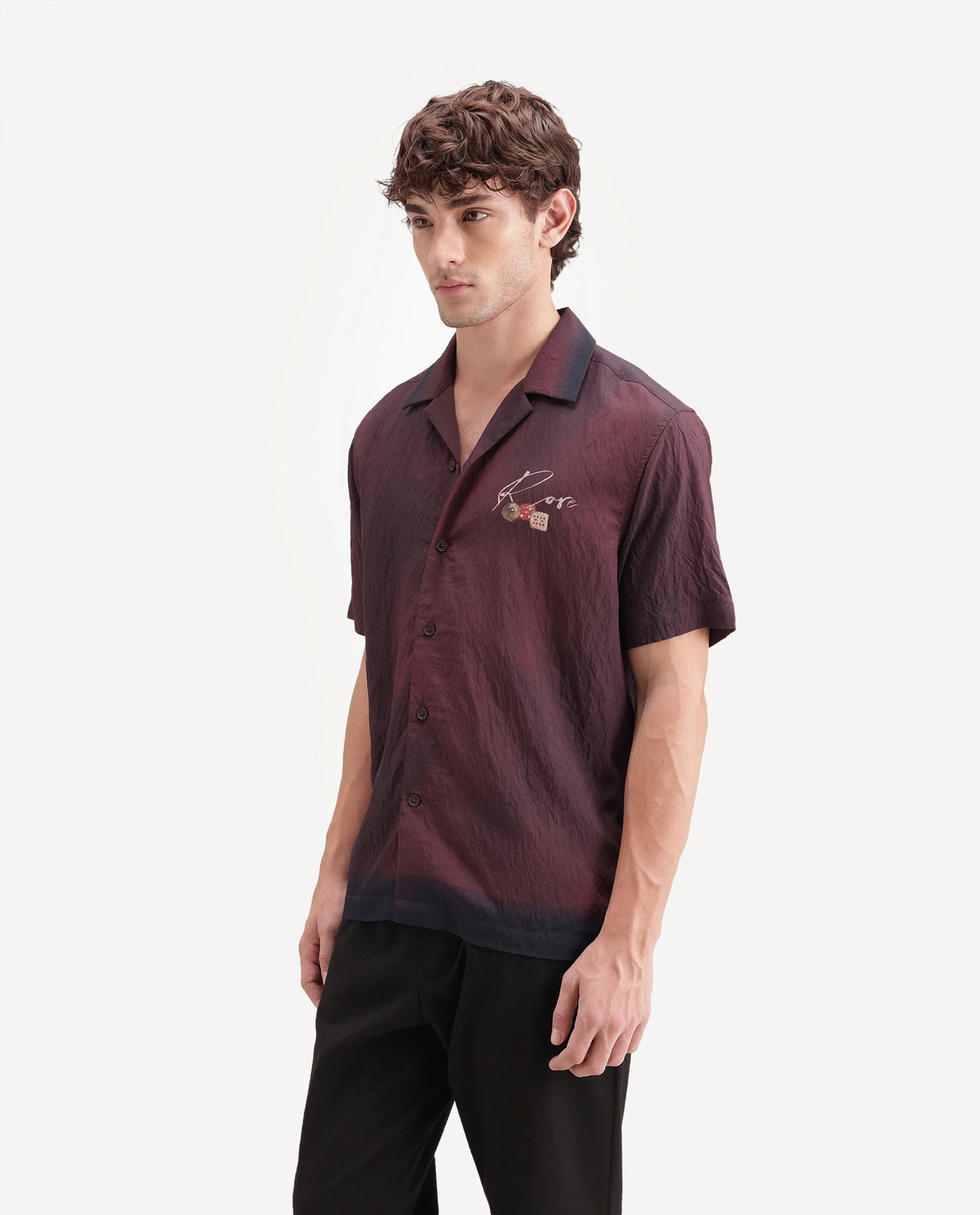 Rare Rabbit Men's Bruno Maroon Viscose Blend Button Relaxed Fit Digital Print Shirt