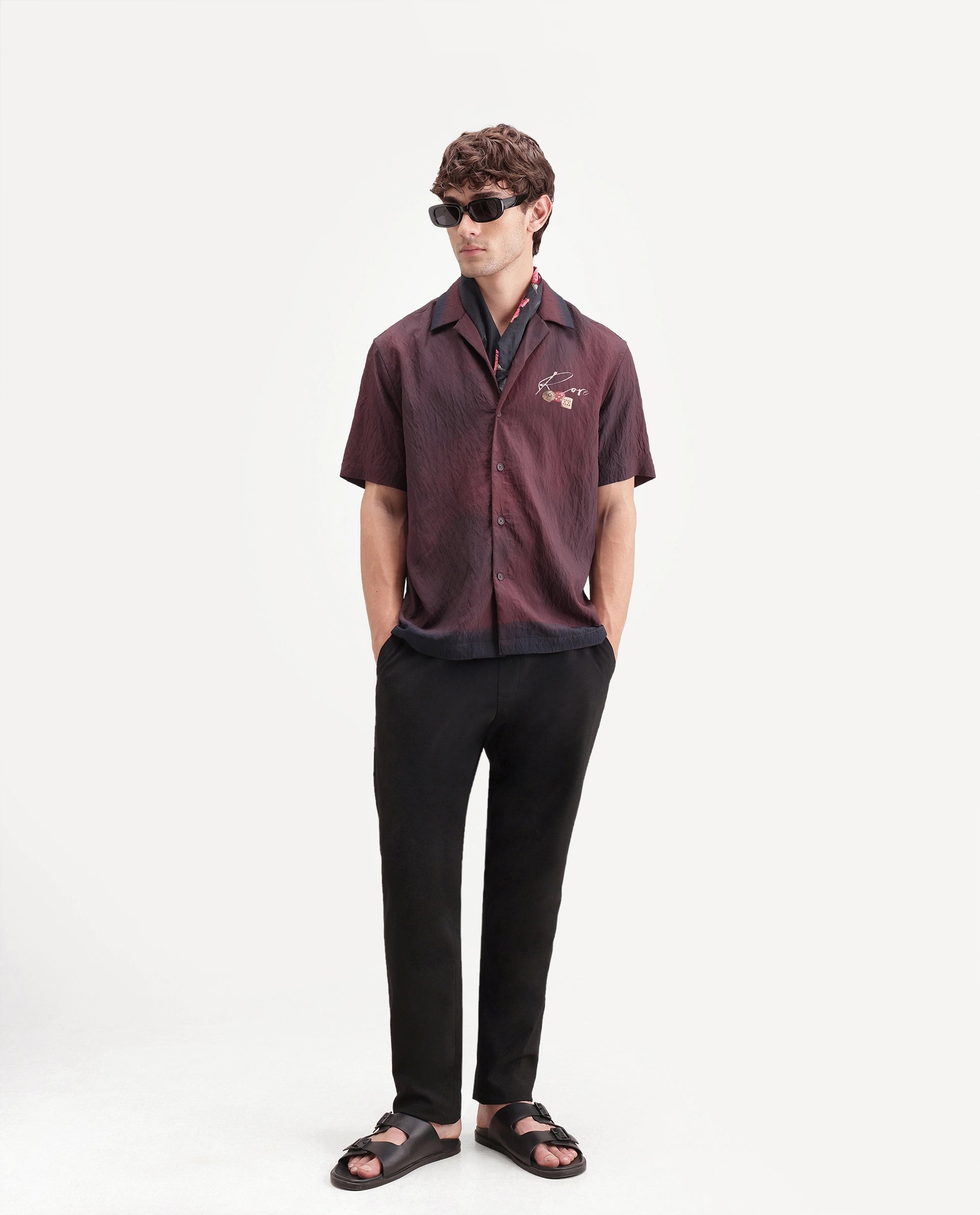 Rare Rabbit Men's Bruno Maroon Viscose Blend Button Relaxed Fit Digital Print Shirt
