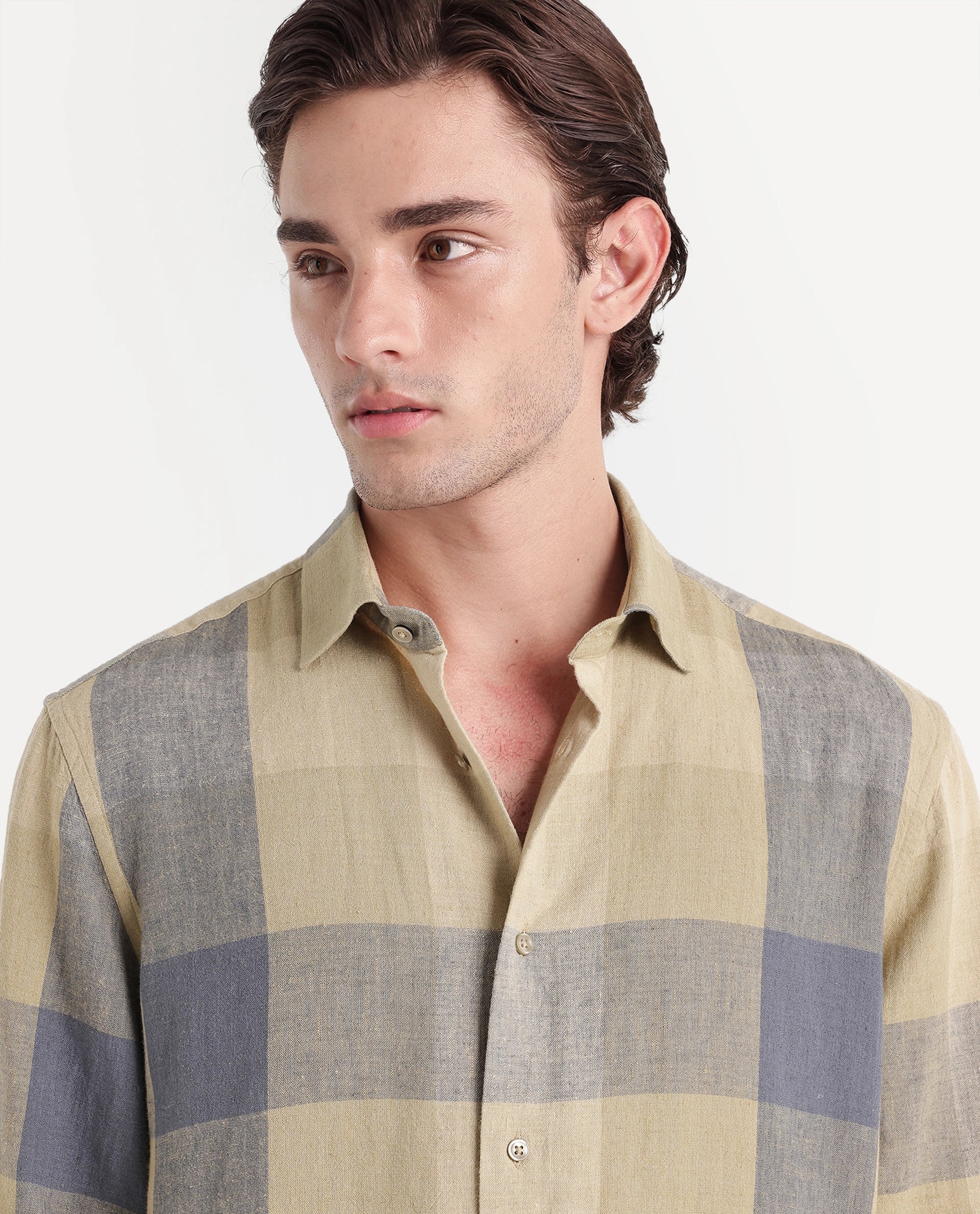 Rare Rabbit Men's Calum-A26 Light Green Linen Blend Button Regular Fit Checked Shirt