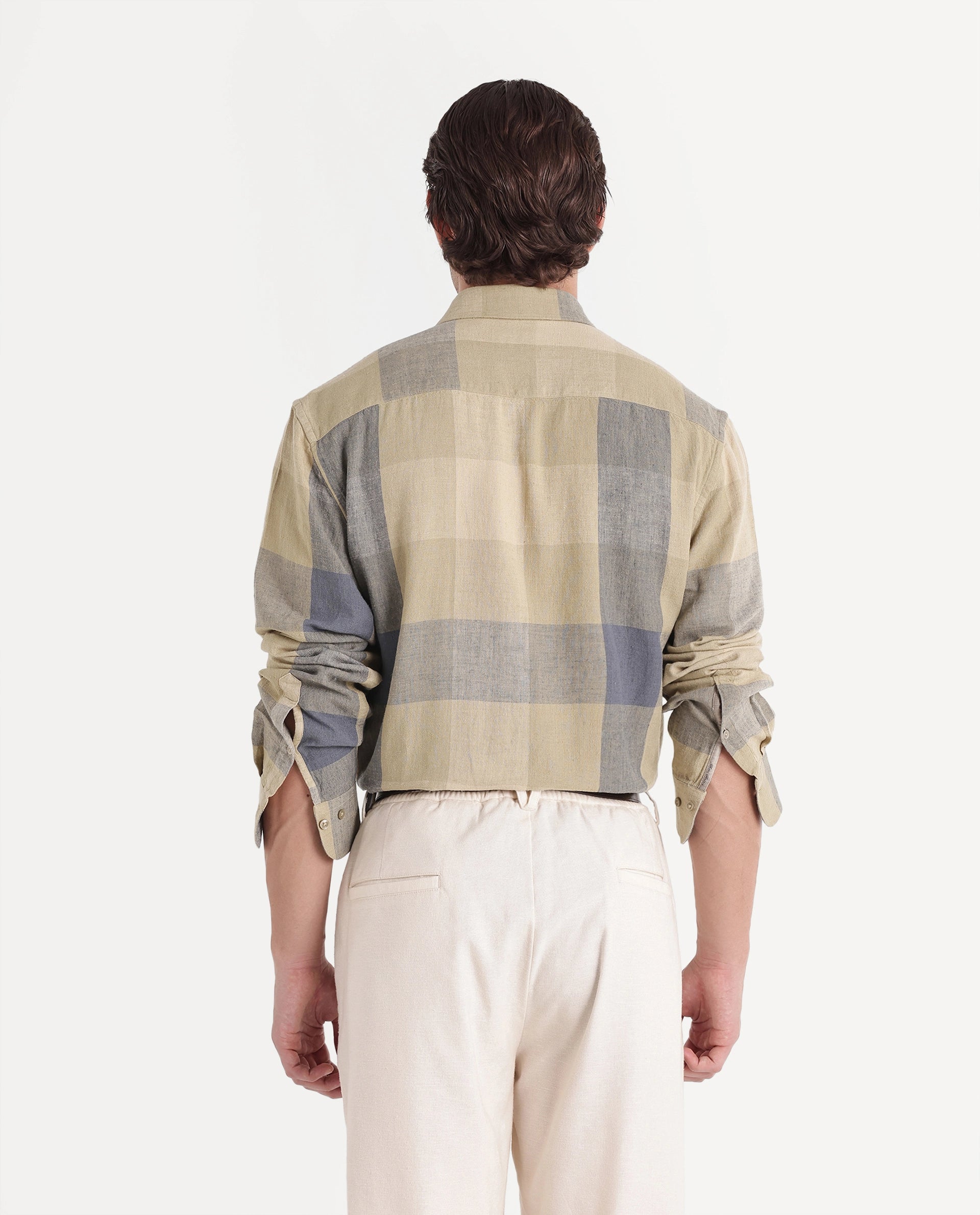 Rare Rabbit Men's Calum-A26 Light Green Linen Blend Button Regular Fit Checked Shirt