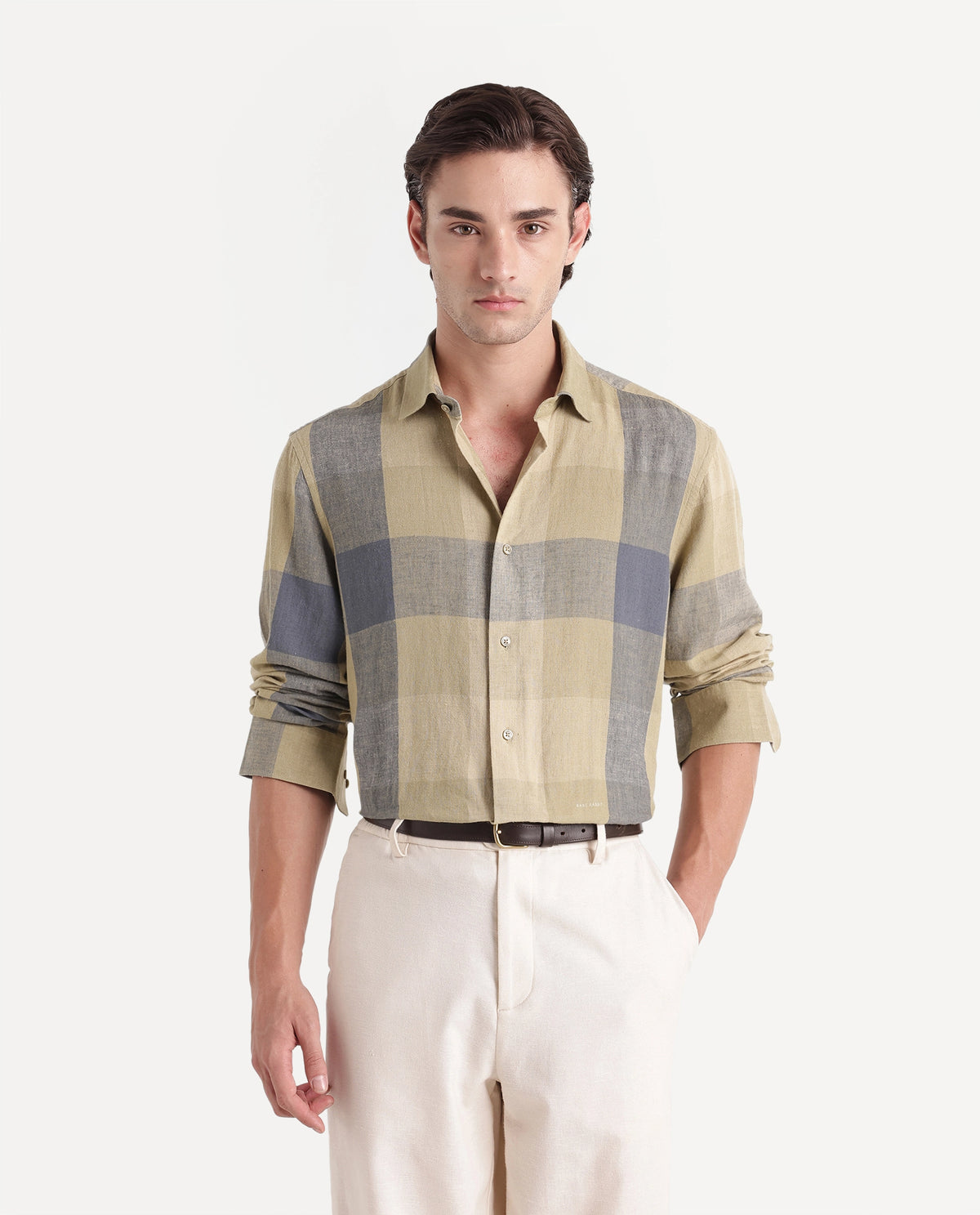 Rare Rabbit Men's Calum-A26 Light Green Linen Blend Button Regular Fit Checked Shirt