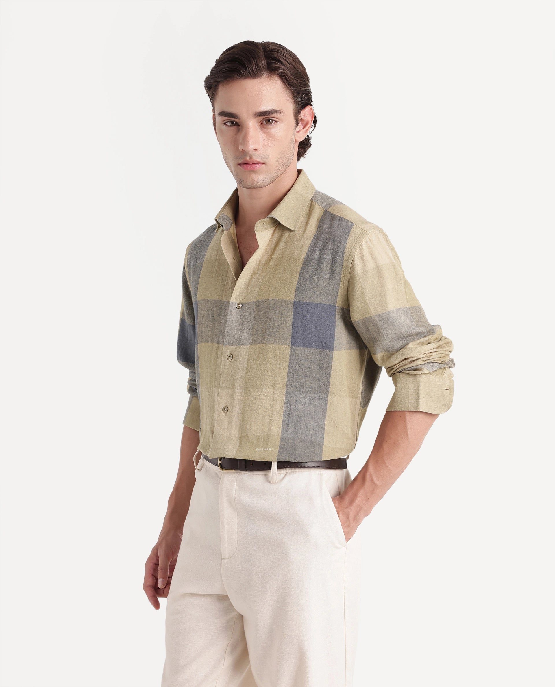 Rare Rabbit Men's Calum-A26 Light Green Linen Blend Button Regular Fit Checked Shirt