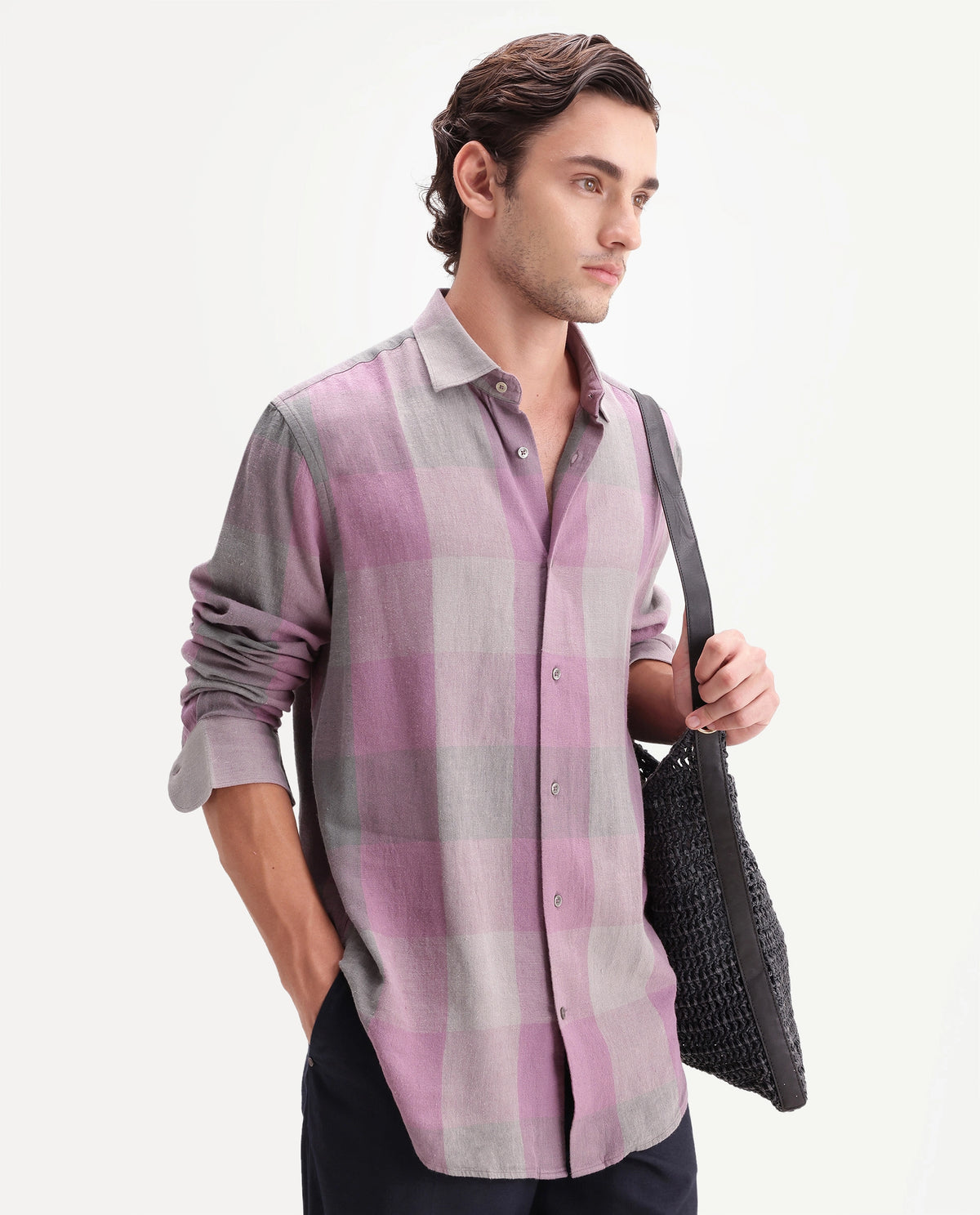Rare Rabbit Men's Calum-A26 Pink Linen Blend Button Regular Fit Checked Shirt