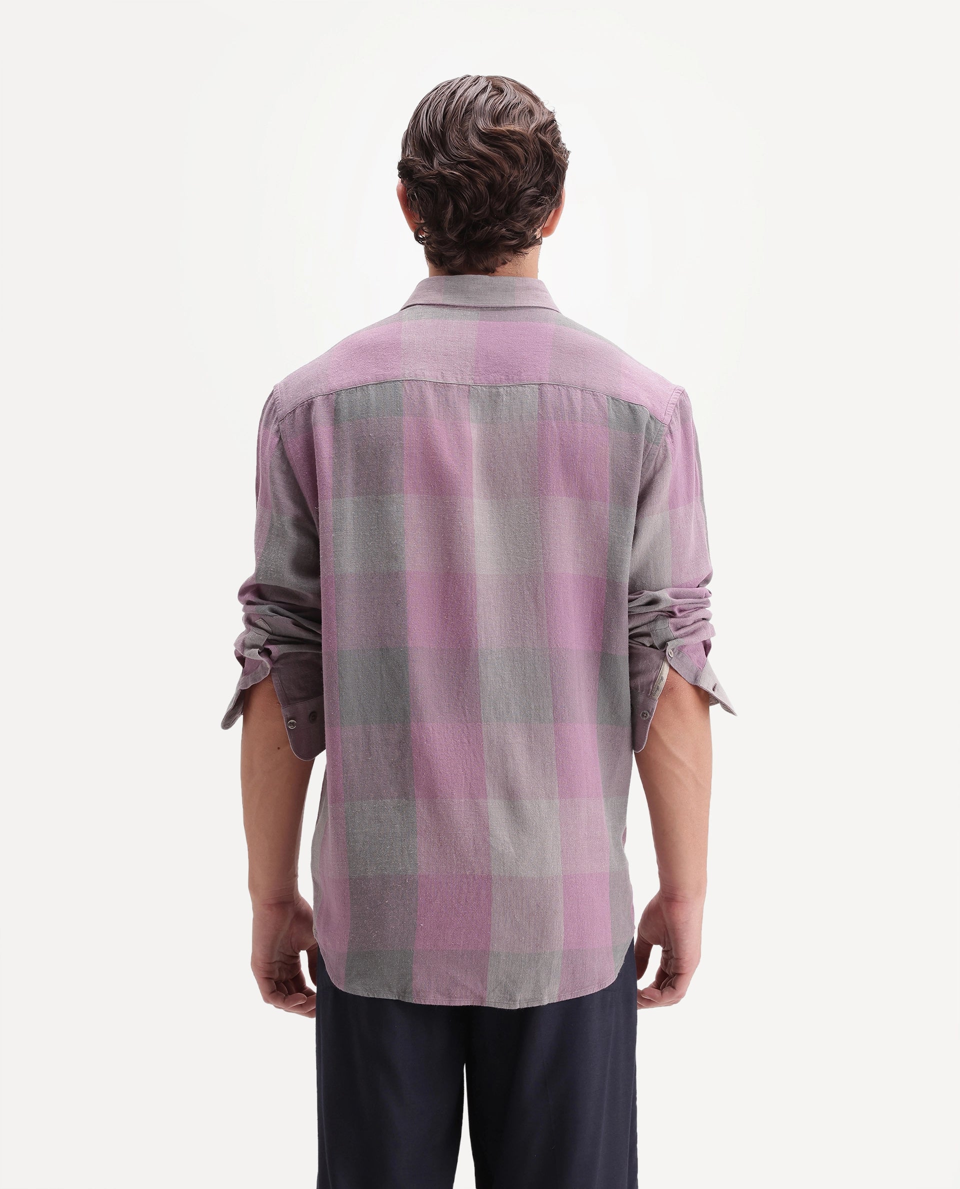 Rare Rabbit Men's Calum-A26 Pink Linen Blend Button Regular Fit Checked Shirt