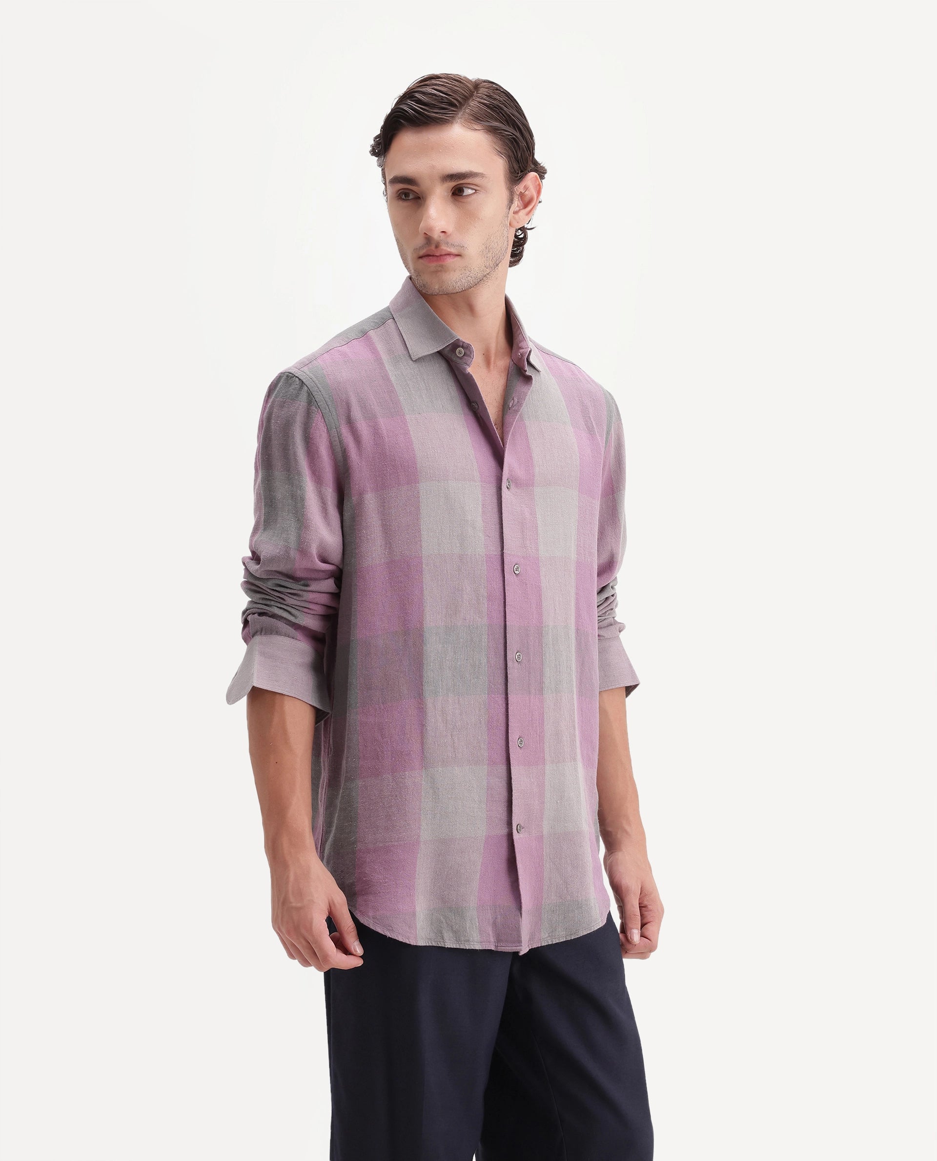 Rare Rabbit Men's Calum-A26 Pink Linen Blend Button Regular Fit Checked Shirt