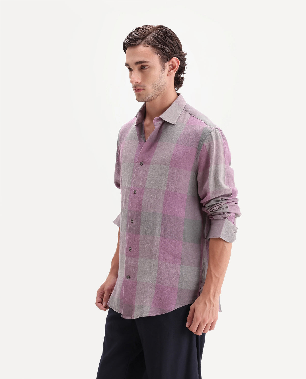 Rare Rabbit Men's Calum-A26 Pink Linen Blend Button Regular Fit Checked Shirt