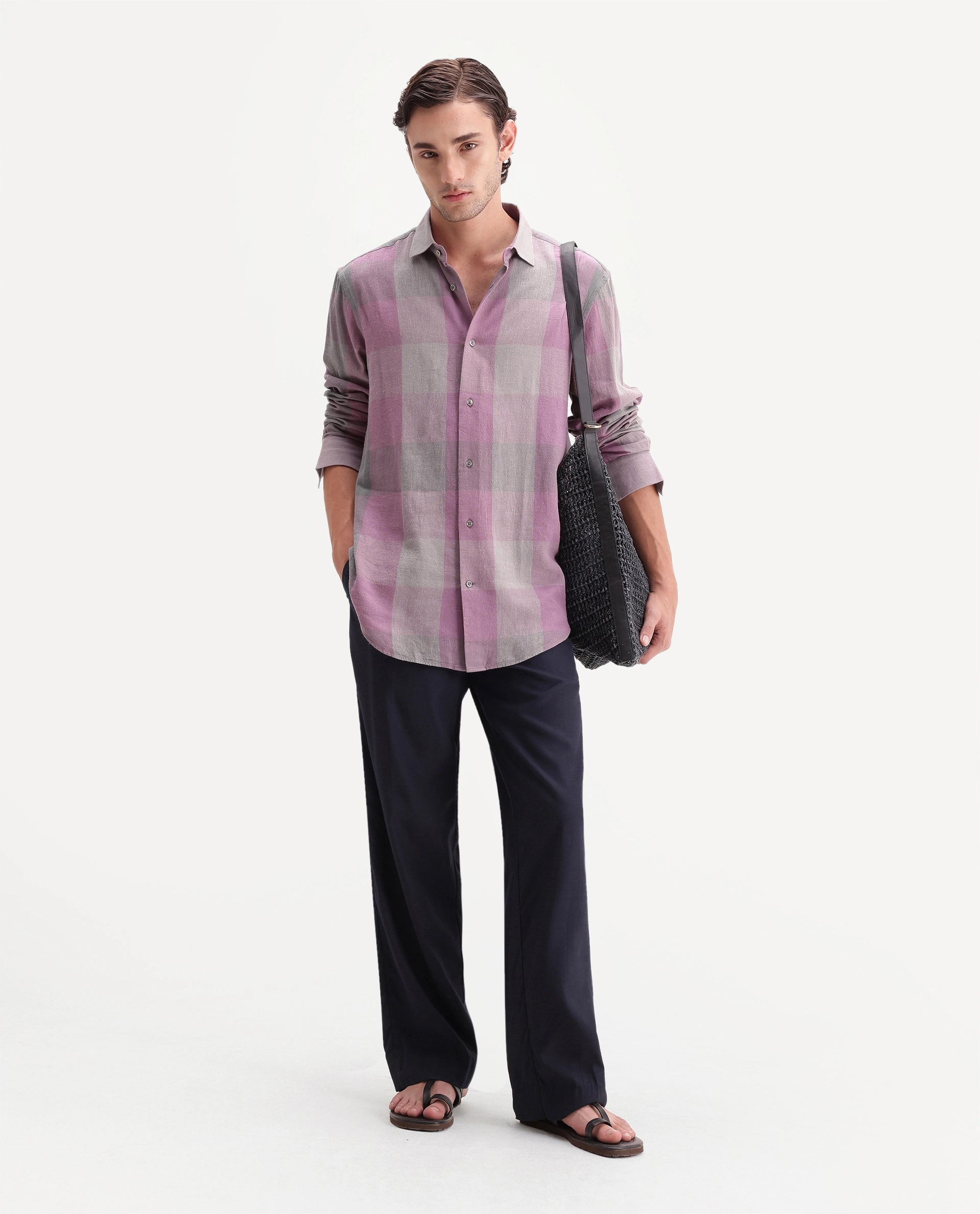Rare Rabbit Men's Calum-A26 Pink Linen Blend Button Regular Fit Checked Shirt