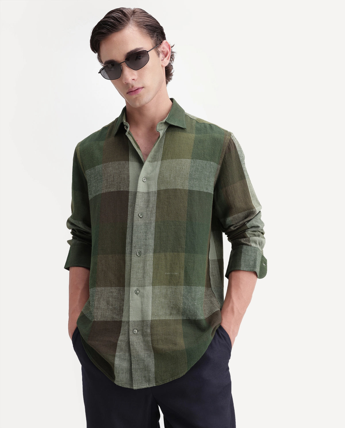 Rare Rabbit Men's Calum-A26 Green Linen Blend Button Regular Fit Checked Shirt