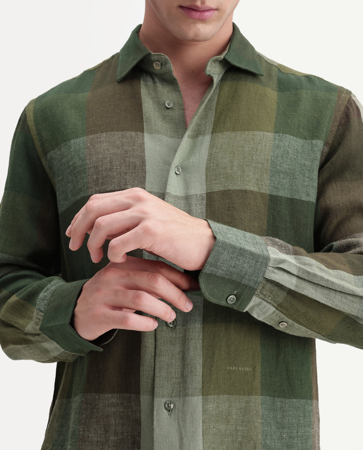 Rare Rabbit Men's Calum-A26 Green Linen Blend Button Regular Fit Checked Shirt