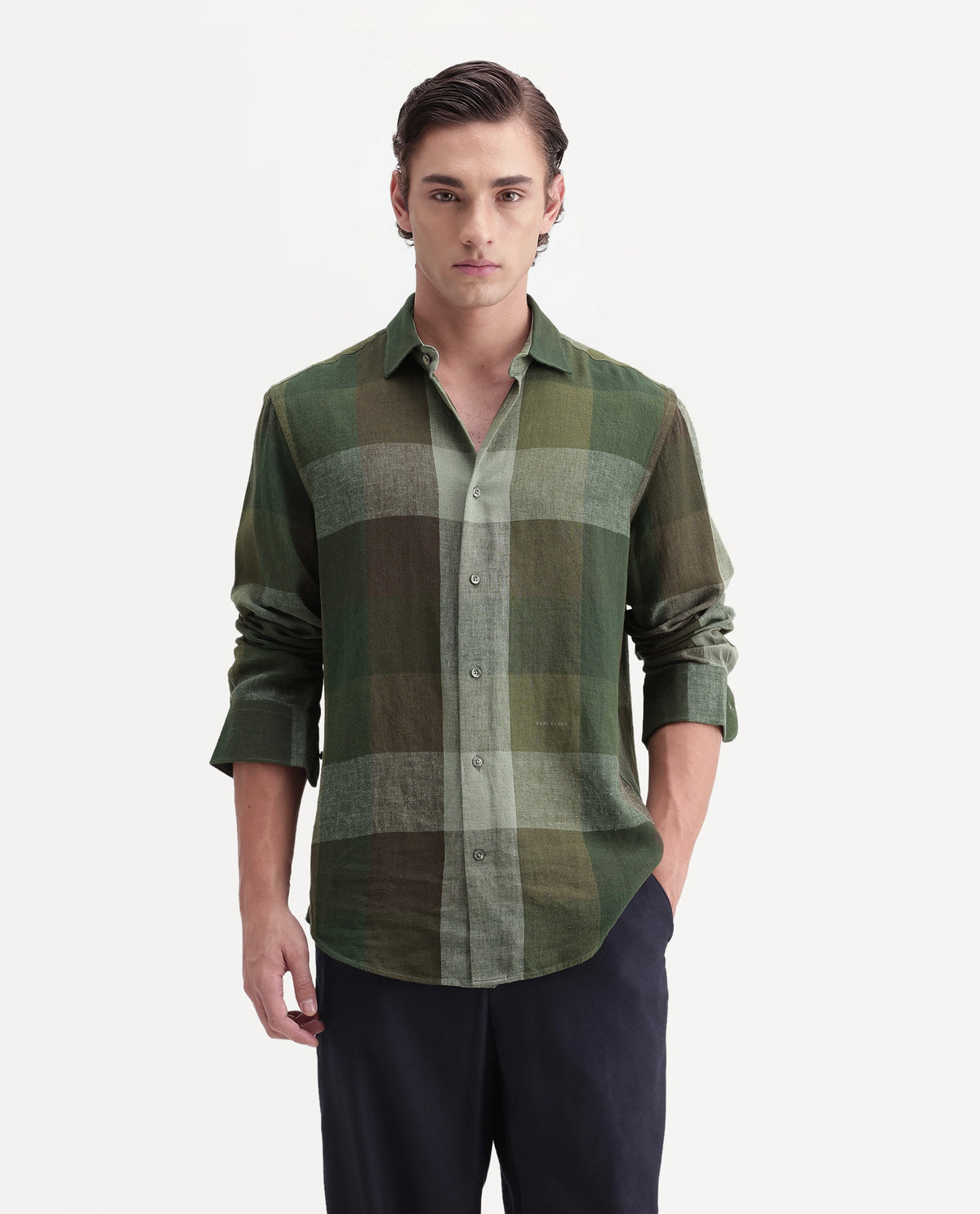 Rare Rabbit Men's Calum-A26 Green Linen Blend Button Regular Fit Checked Shirt