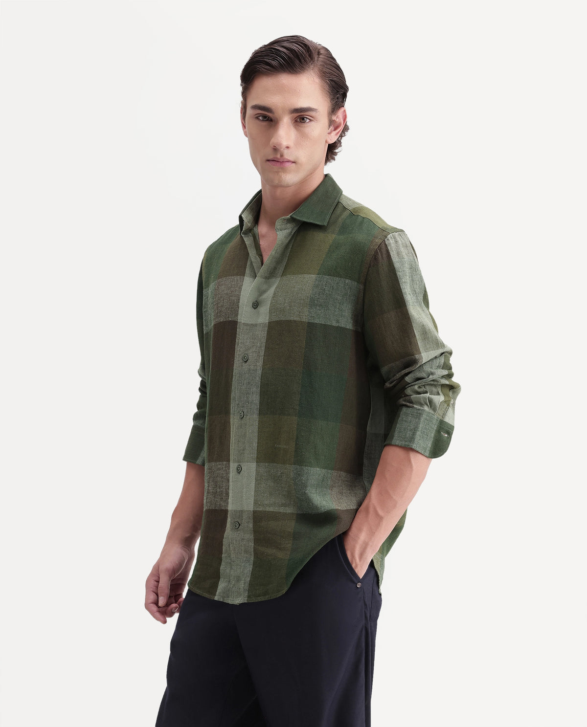 Rare Rabbit Men's Calum-A26 Green Linen Blend Button Regular Fit Checked Shirt