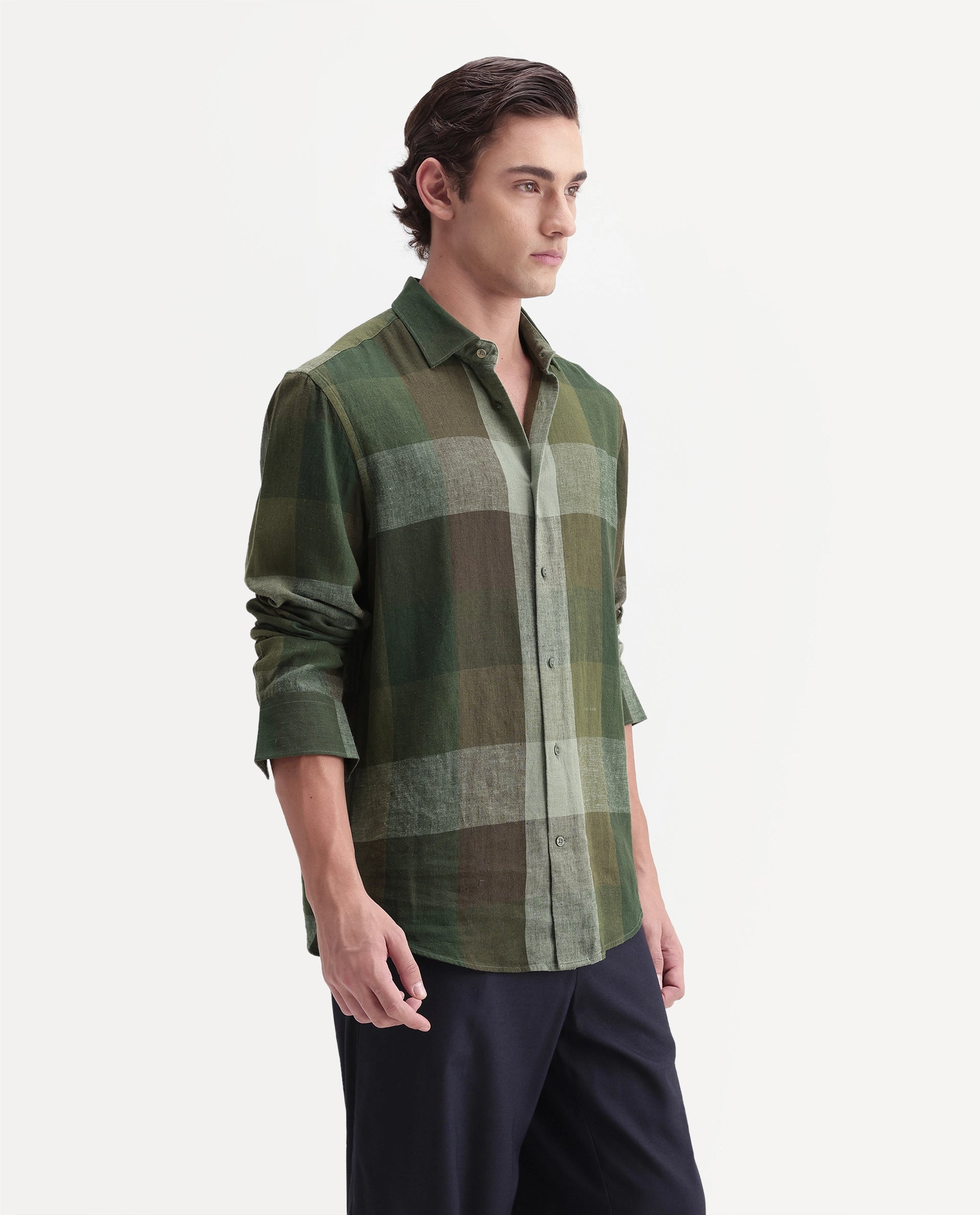 Rare Rabbit Men's Calum-A26 Green Linen Blend Button Regular Fit Checked Shirt