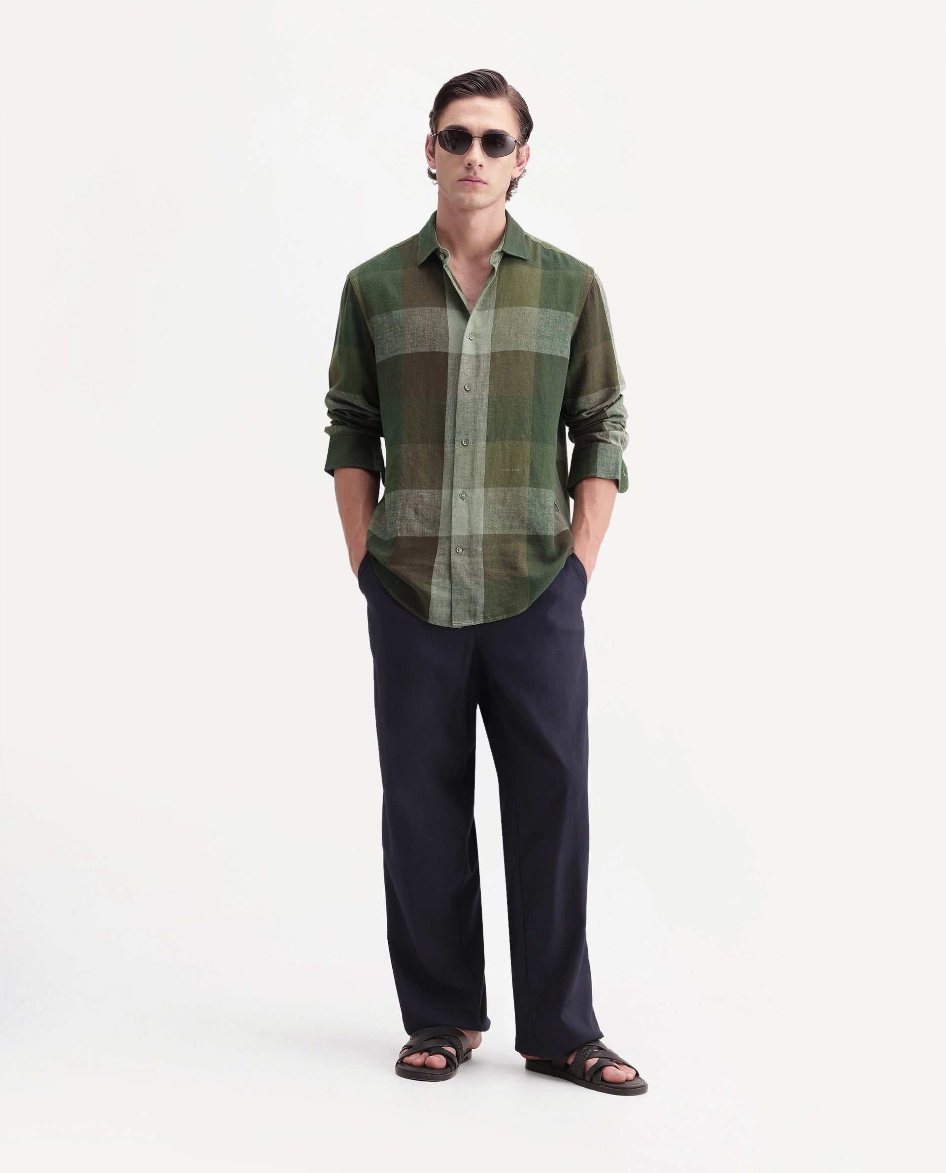 Rare Rabbit Men's Calum-A26 Green Linen Blend Button Regular Fit Checked Shirt