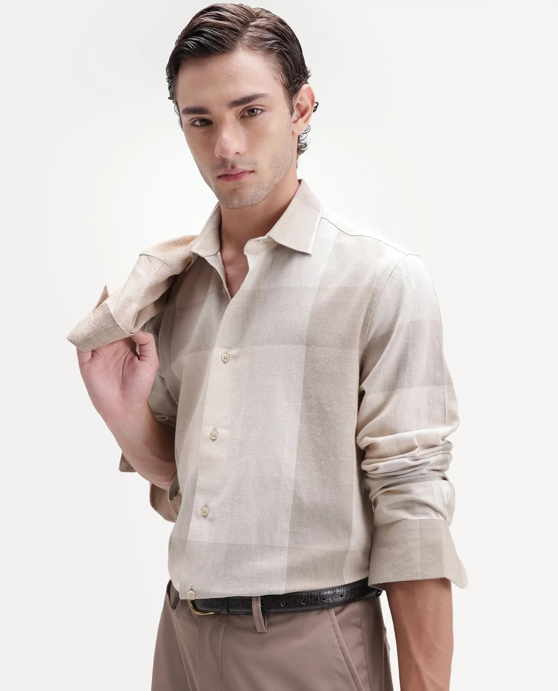 Rare Rabbit Men's Calum-A26 Beige Linen Blend Button Regular Fit Checked Shirt