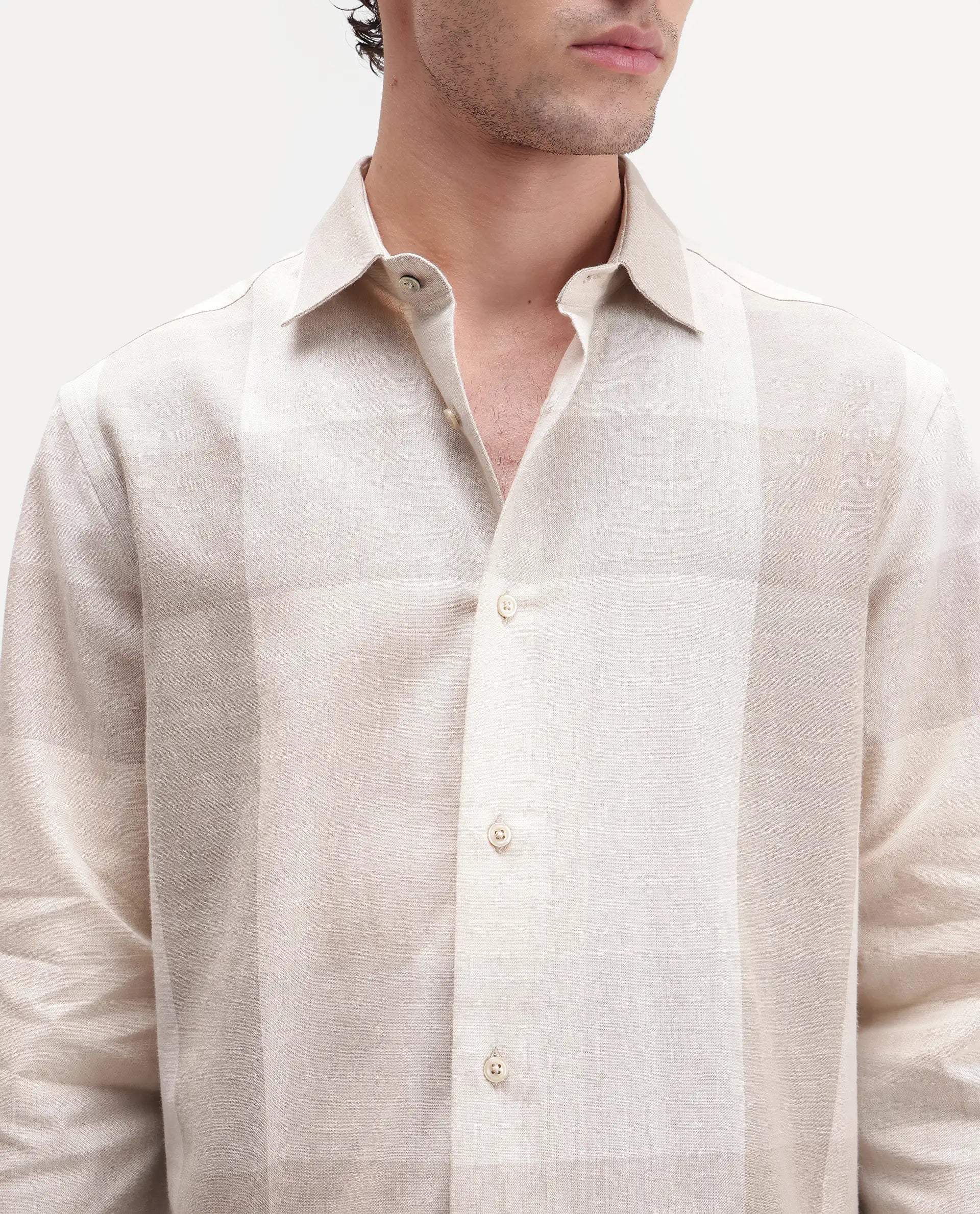 Rare Rabbit Men's Calum-A26 Beige Linen Blend Button Regular Fit Checked Shirt