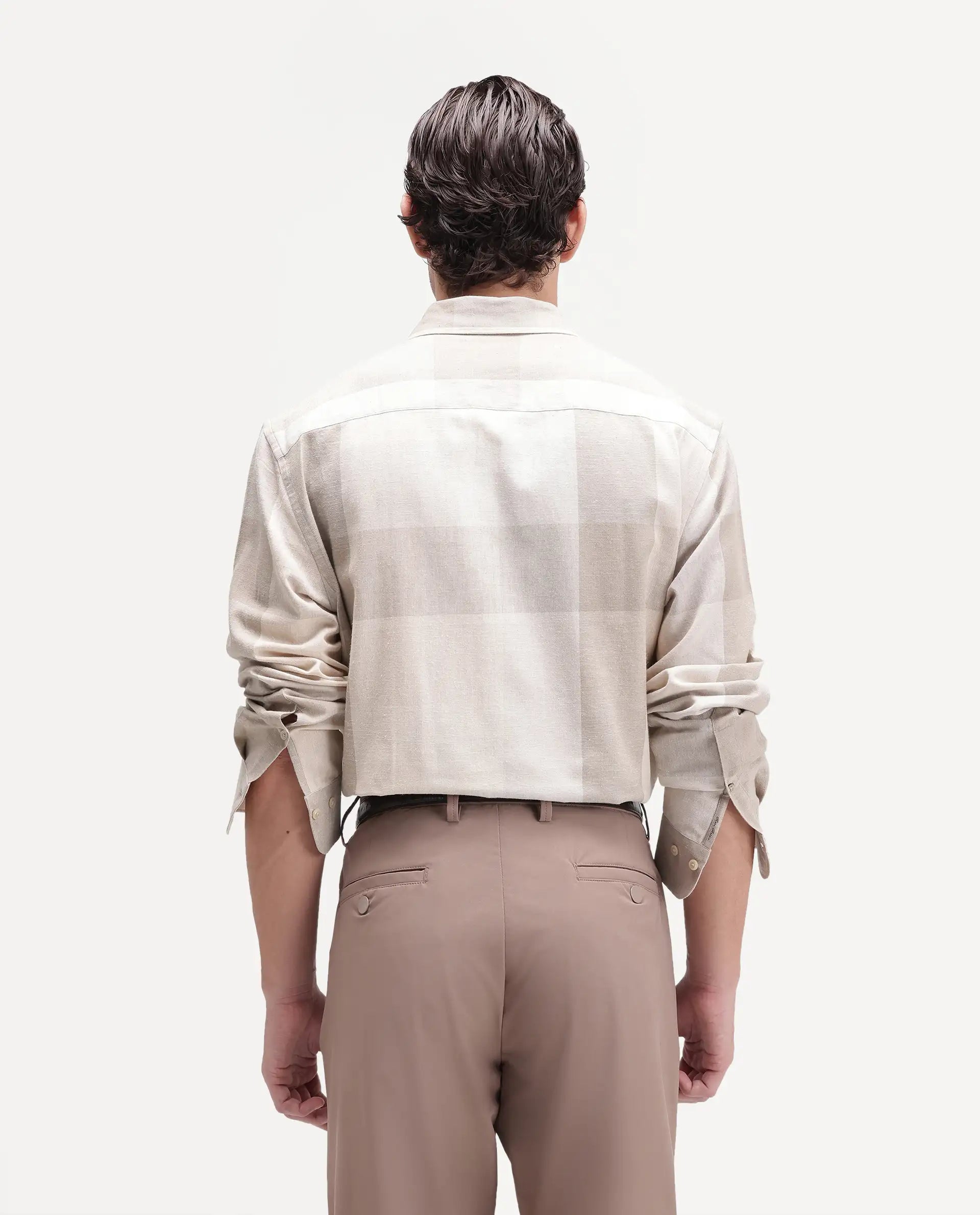 Rare Rabbit Men's Calum-A26 Beige Linen Blend Button Regular Fit Checked Shirt