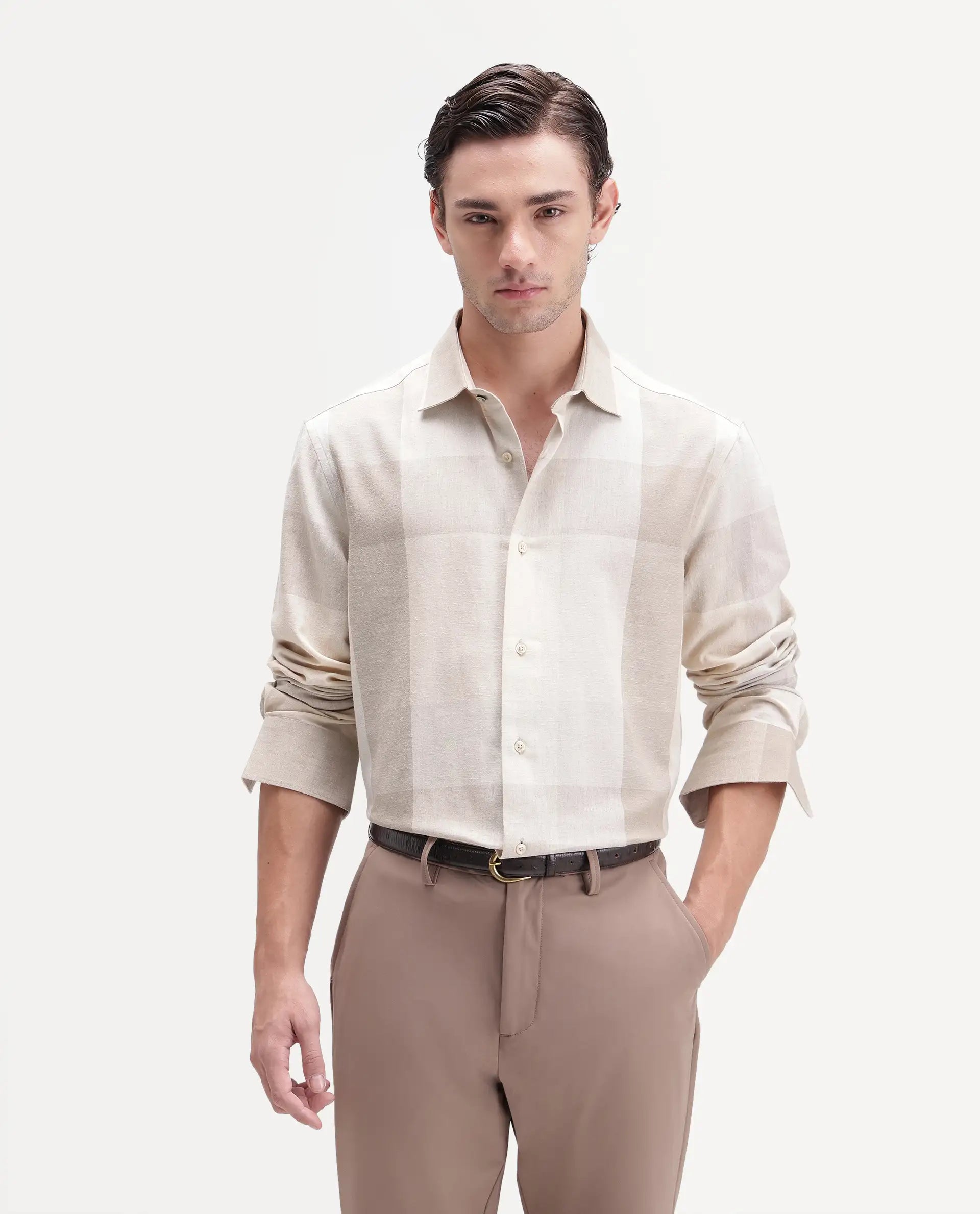 Rare Rabbit Men's Calum-A26 Beige Linen Blend Button Regular Fit Checked Shirt