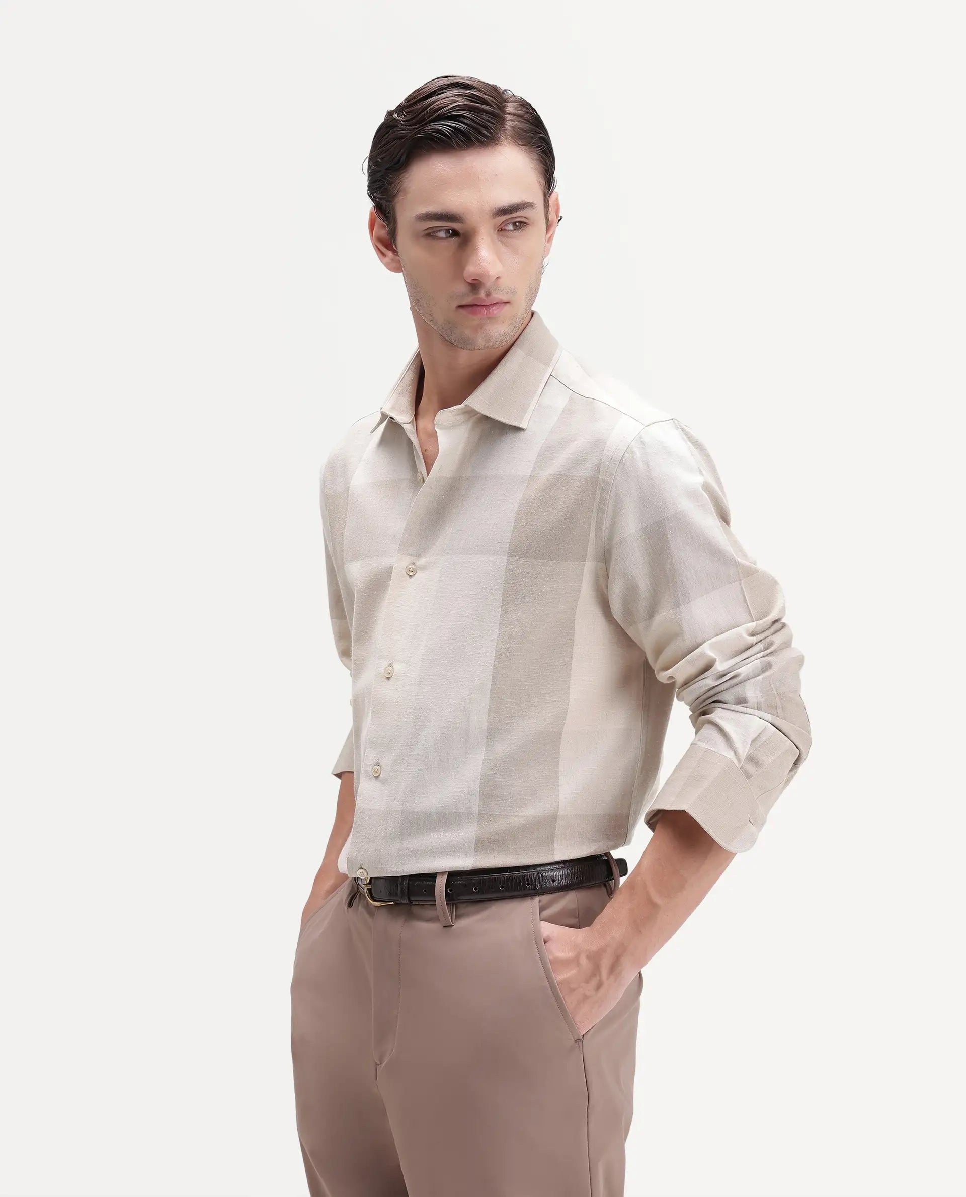 Rare Rabbit Men's Calum-A26 Beige Linen Blend Button Regular Fit Checked Shirt