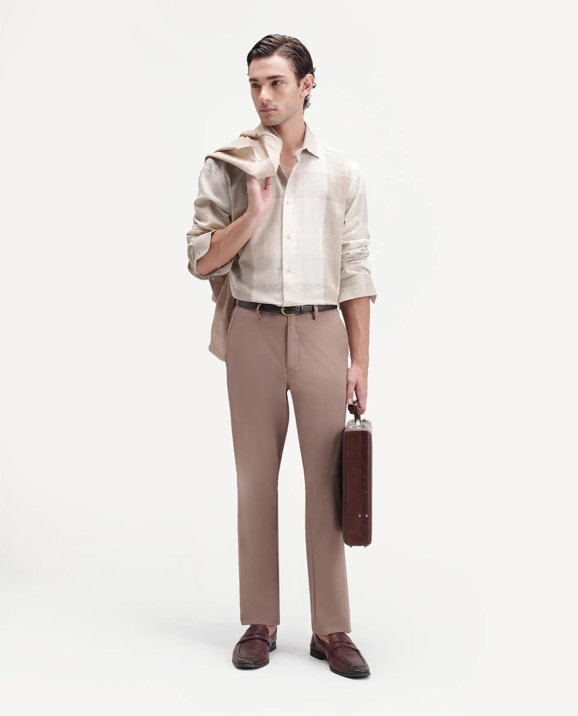 Rare Rabbit Men's Calum-A26 Beige Linen Blend Button Regular Fit Checked Shirt