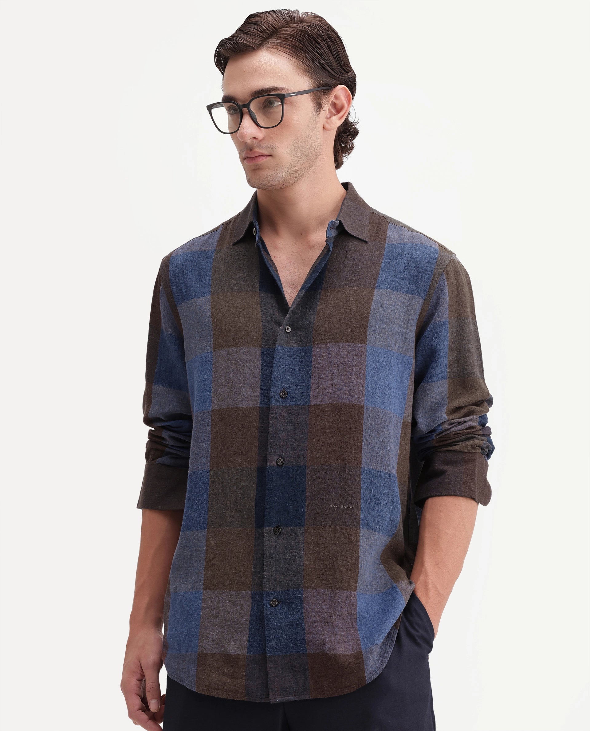 Rare Rabbit Men's Calum-A26 Brown Linen Blend Button Regular Fit Checked Shirt